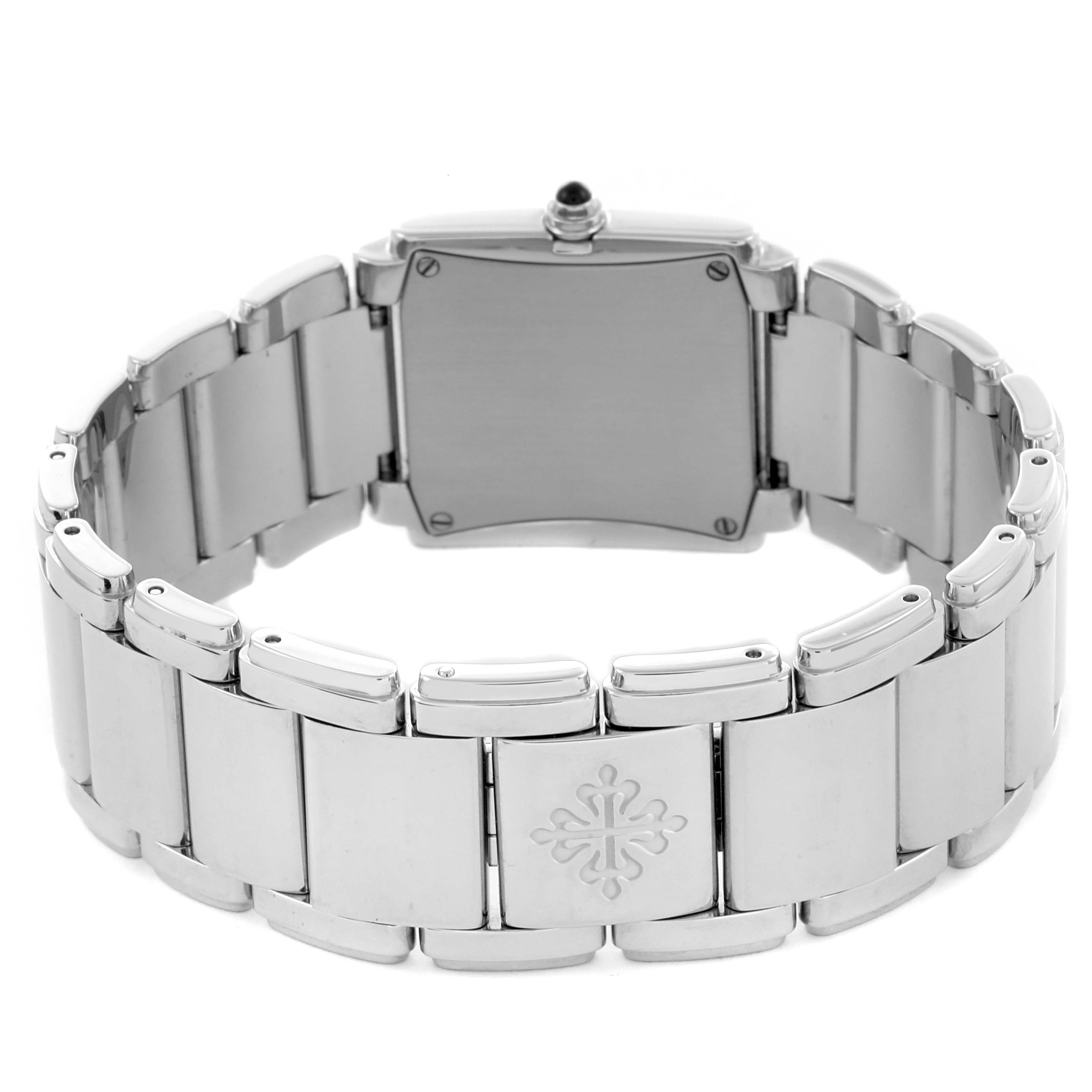 The image shows the back of the case and bracelet of a Patek Philippe Twenty-4 4910/10A-011 Women's Stainless Steel Silver Dial 4910/10A-011 Women's Stainless Steel Silver Dial watch.
