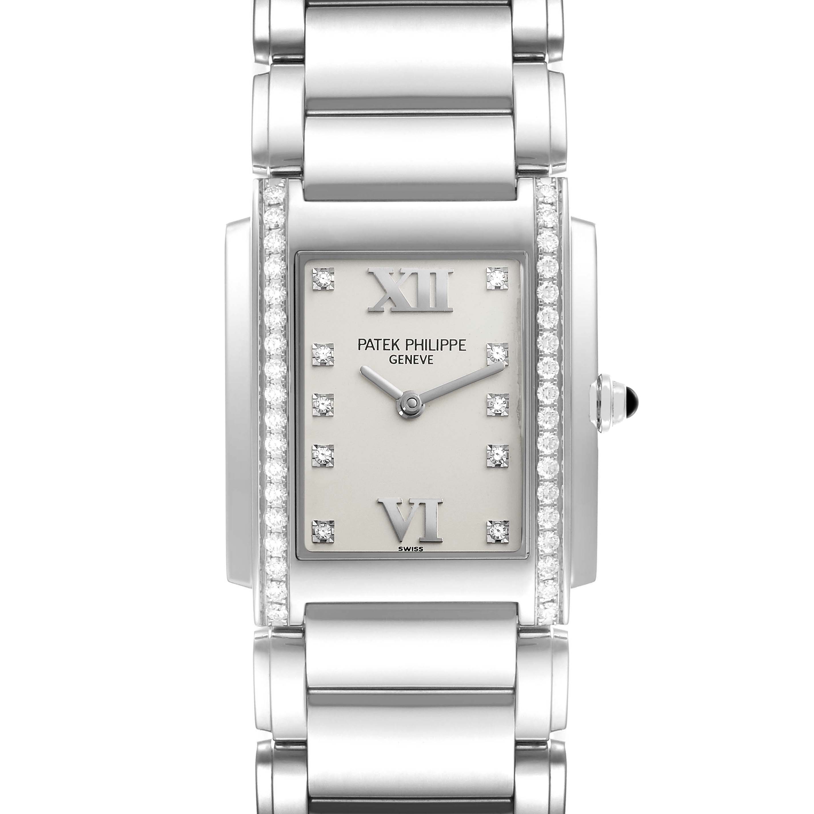 The Patek Philippe Twenty-4 4910/10A-011 Women's Stainless Steel Silver Dial 4910/10A-011 Women's Stainless Steel Silver Dial watch is shown from the front, featuring the full dial and part of the bracelet.