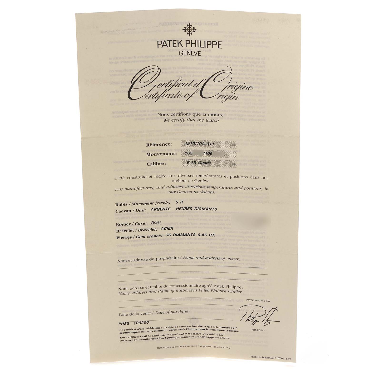 The image shows the Certificate of Origin for the Patek Philippe Twenty-4 4910/10A-011 Women's Stainless Steel Silver Dial 4910/10A-011 Women's Stainless Steel Silver Dial model watch.
