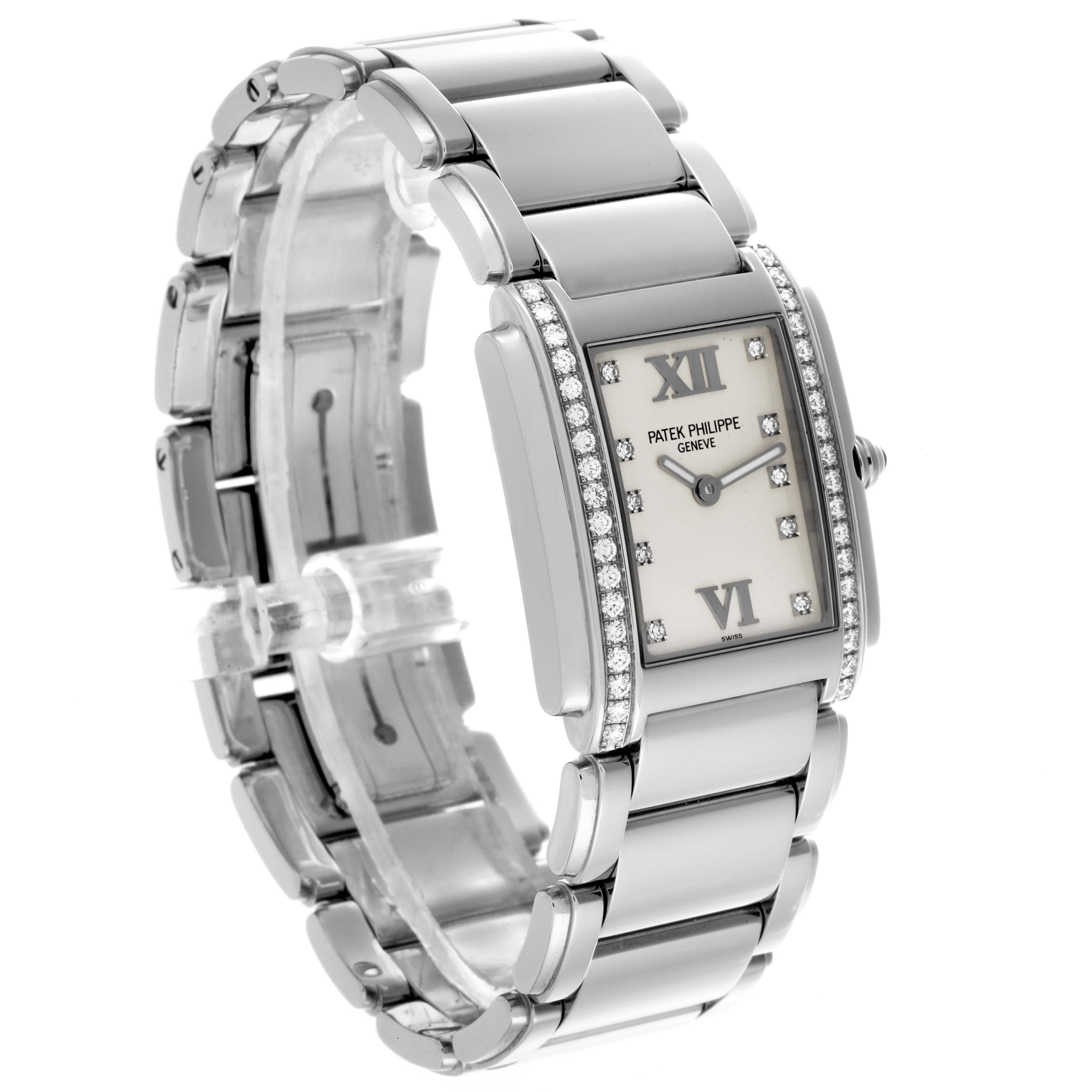 The Patek Philippe Twenty-4 4910/10A-011 Women's Stainless Steel Silver Dial 4910/10A-011 Women's Stainless Steel Silver Dial watch is shown at a slight angle, highlighting the face, bezel, and bracelet.