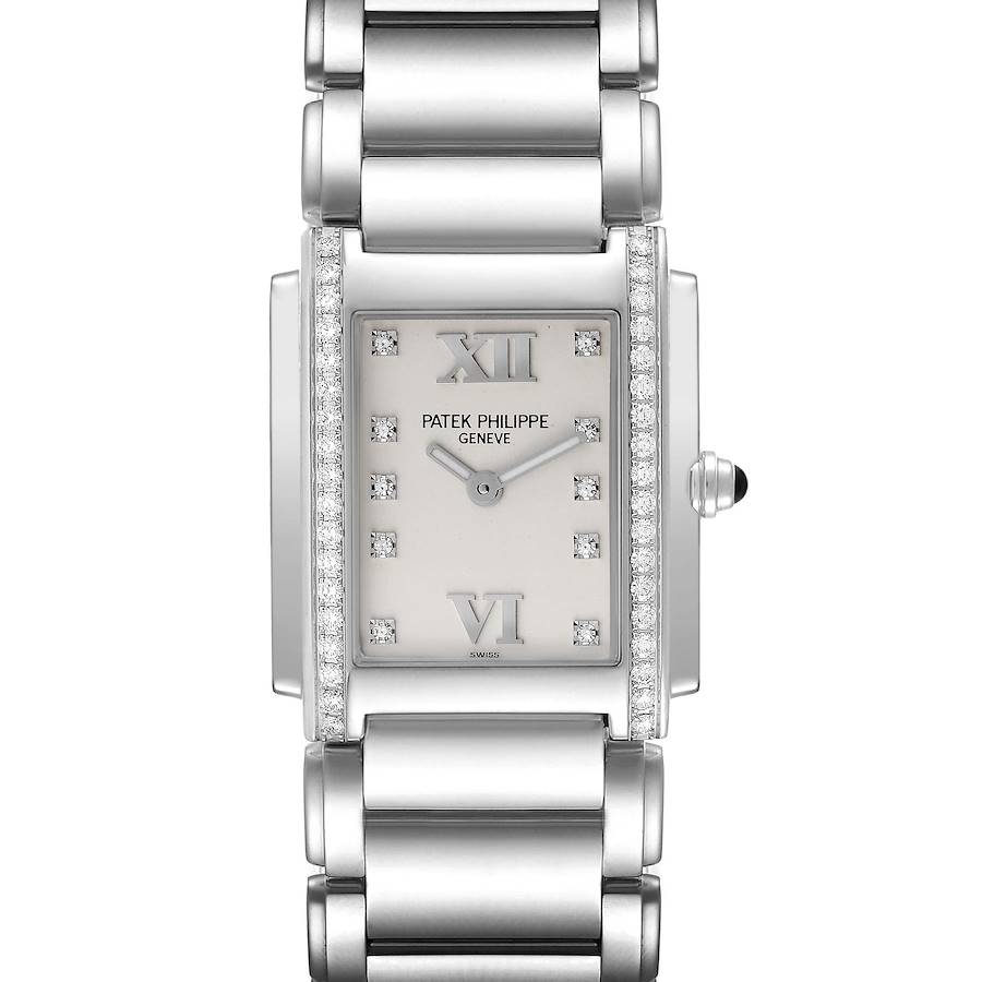 The Patek Philippe Twenty-4 watch is shown from a front view featuring the dial, bracelet, and part of the crown.