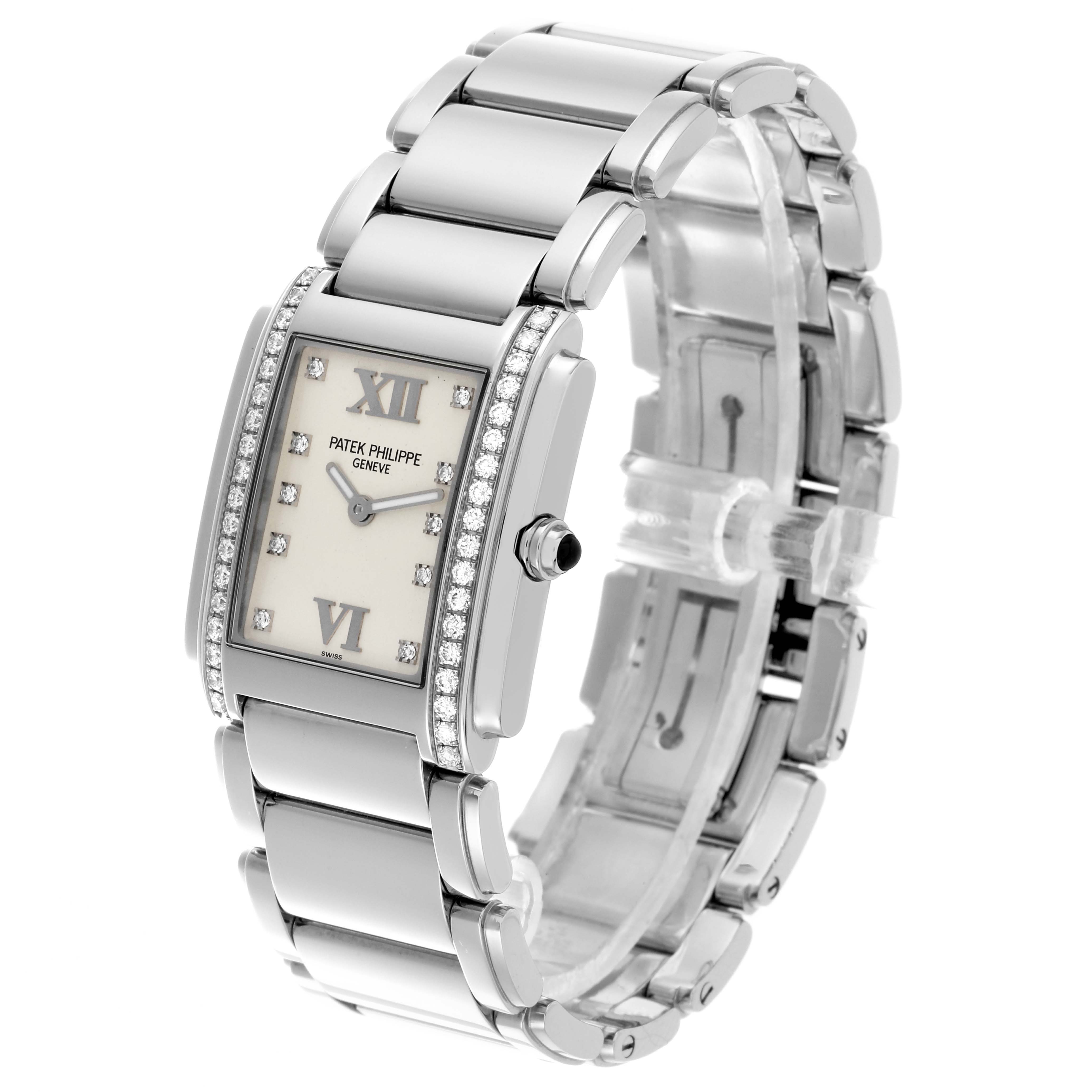 The Patek Philippe Twenty-4 4910/10A-011 Women's Stainless Steel Silver Dial 4910/10A-011 Women's Stainless Steel Silver Dial watch is shown at a slight angle, highlighting the face, bezel, bracelet, and crown.