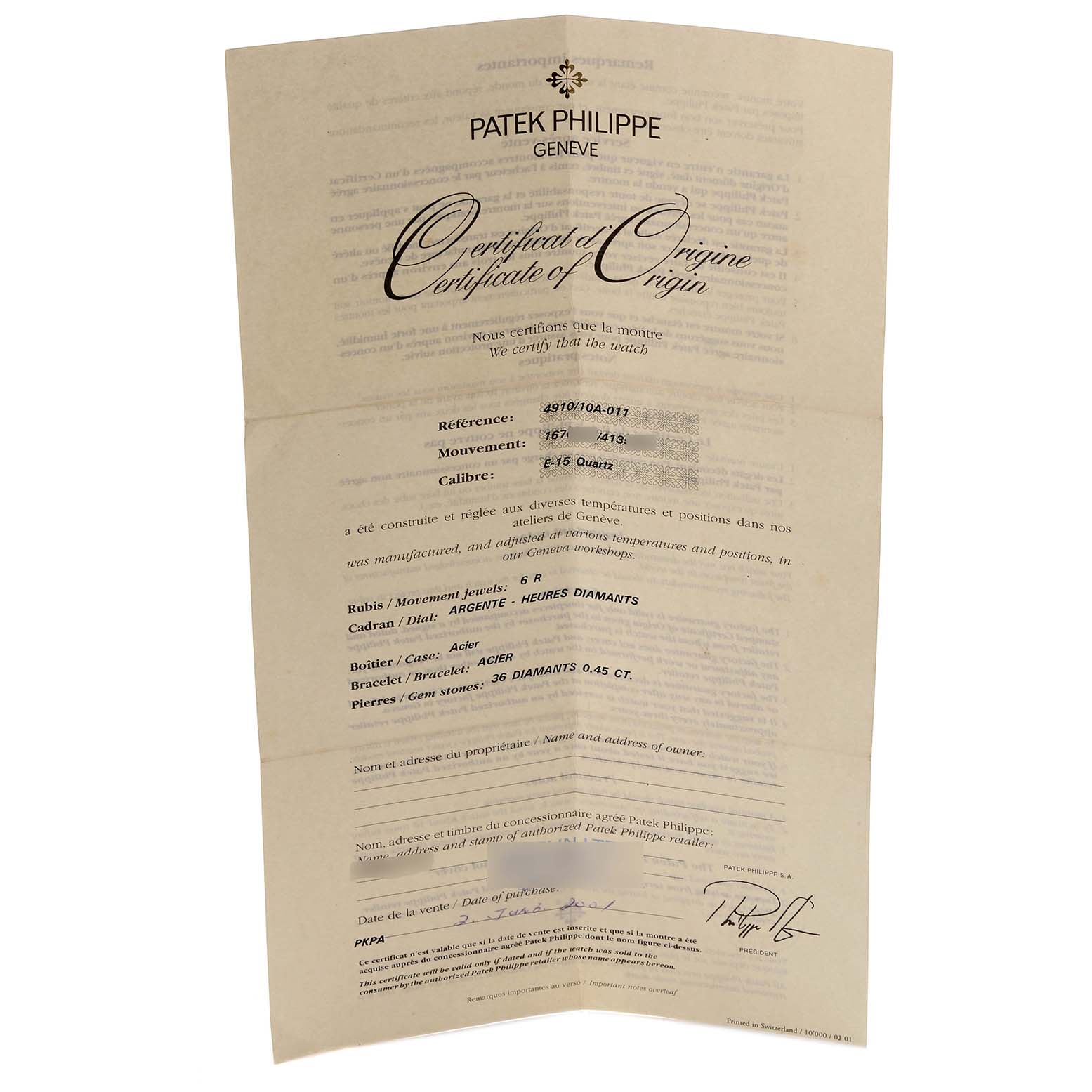 The image shows a Patek Philippe Certificate of Origin for the Twenty-4 model, featuring reference and specifications details.