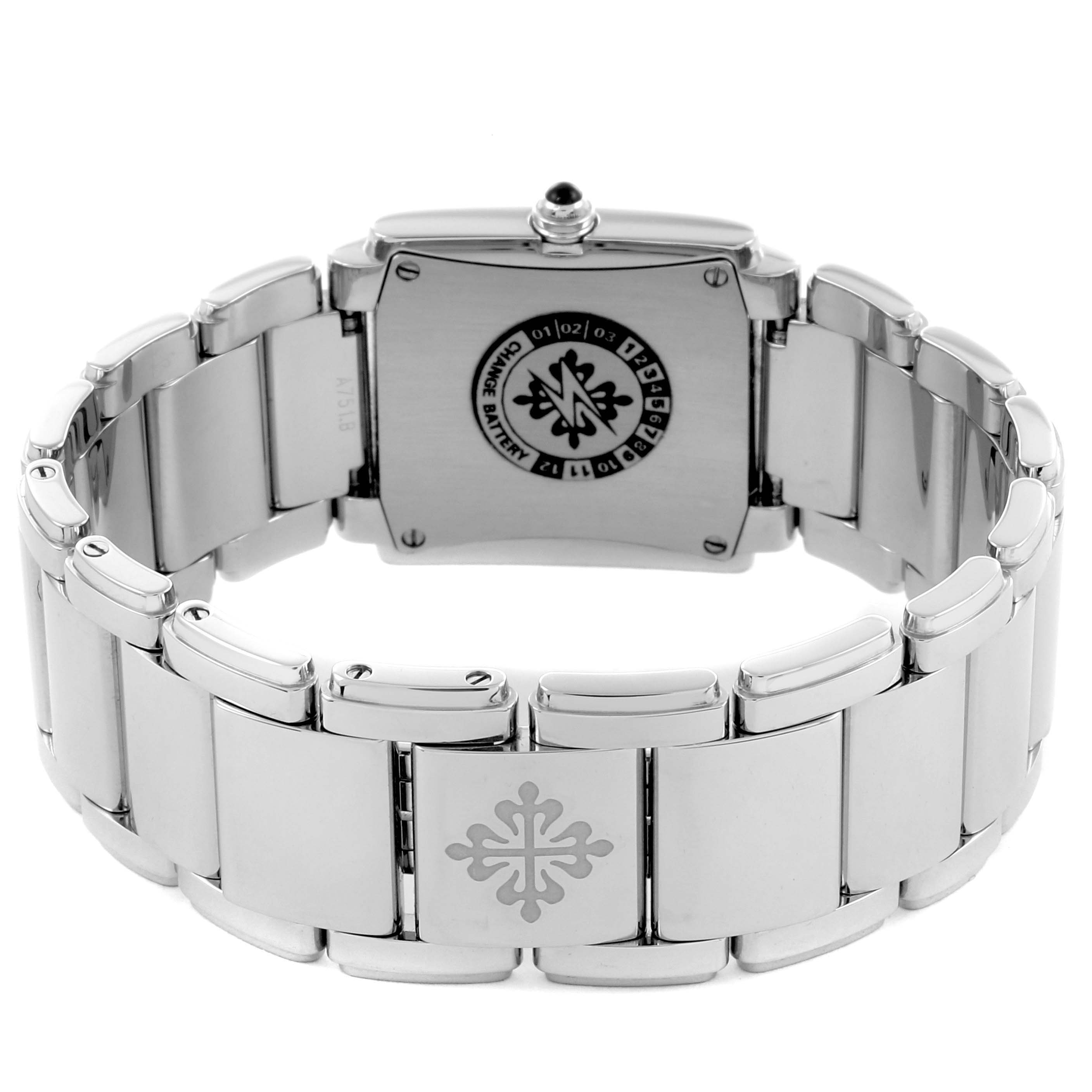 The Patek Philippe Twenty-4 4910/10A-011 Women's Stainless Steel Silver Dial 4910/10A-011 Women's Stainless Steel Silver Dial watch is shown from the back, displaying the bracelet and case back details.