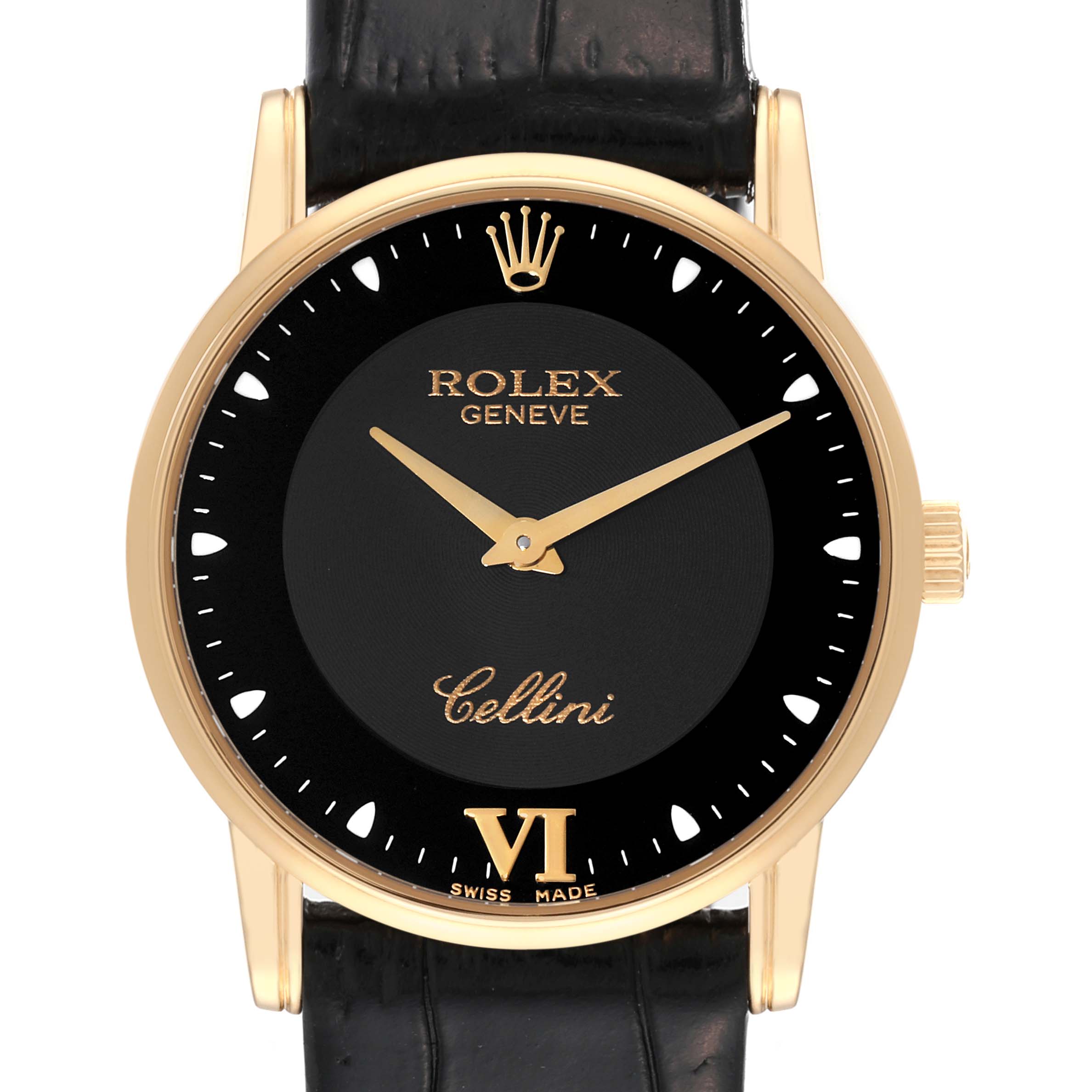 This image shows the front view of the Rolex Cellini 5116 Men's Yellow Gold Black Dial 5116 Men's Yellow Gold Black Dial watch, highlighting its dial, hands, and part of the strap.
