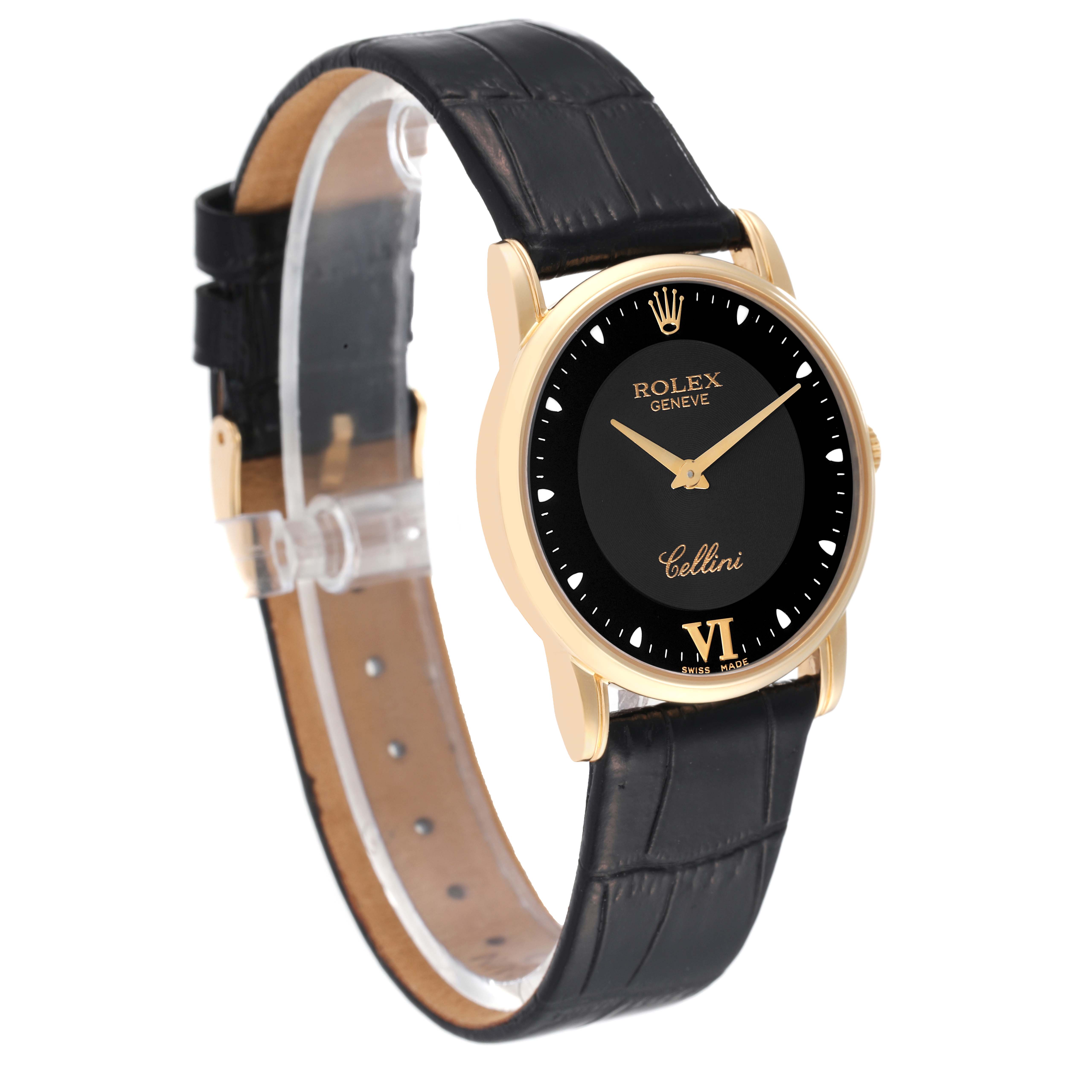 This image shows a Rolex Cellini 5116 Men's Yellow Gold Black Dial 5116 Men's Yellow Gold Black Dial watch at a three-quarter angle, displaying the black dial, gold case, and black leather strap.