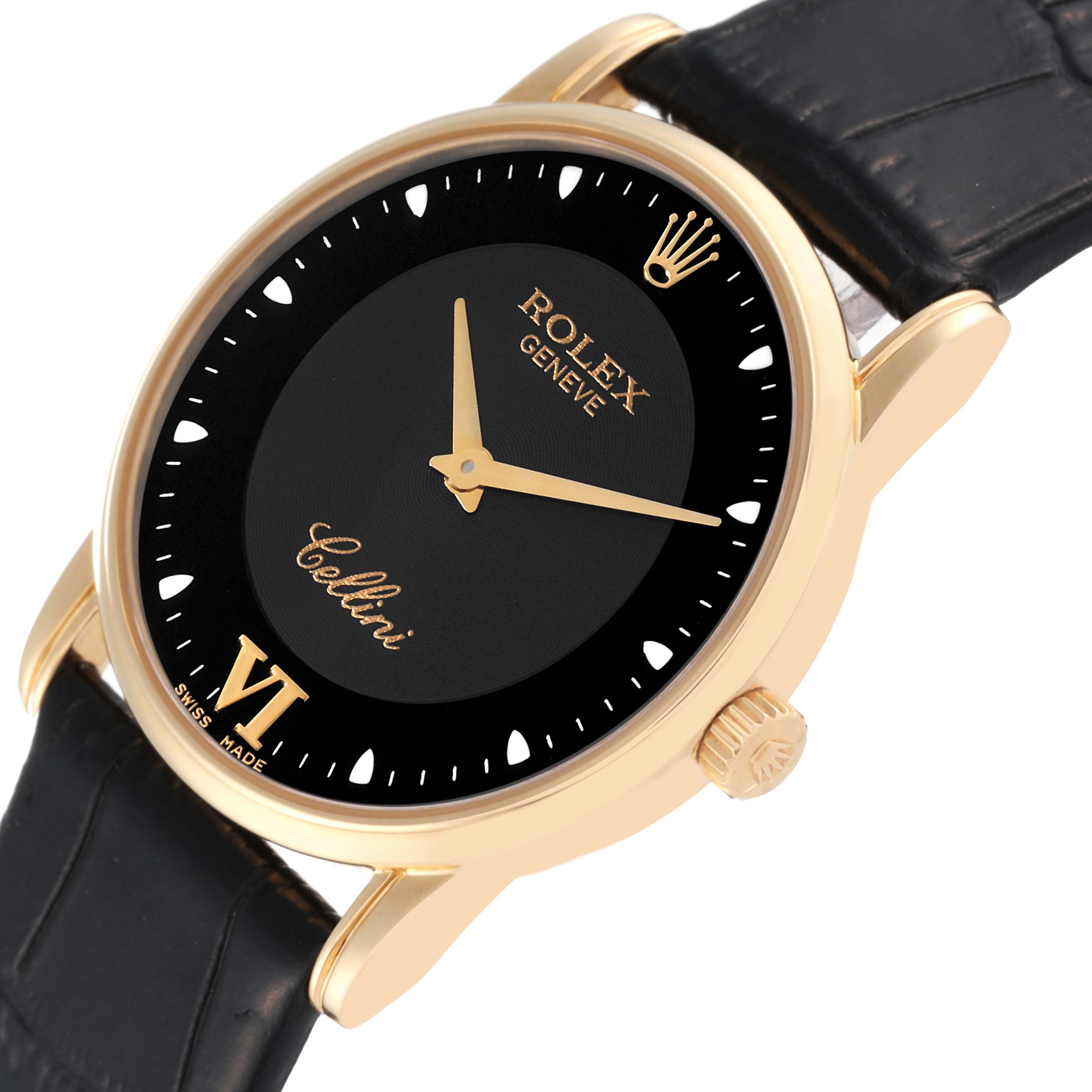 The Rolex Cellini 5116 Men's Yellow Gold Black Dial 5116 Men's Yellow Gold Black Dial watch is shown from an angled view, displaying the dial, case, crown, and part of the leather strap.