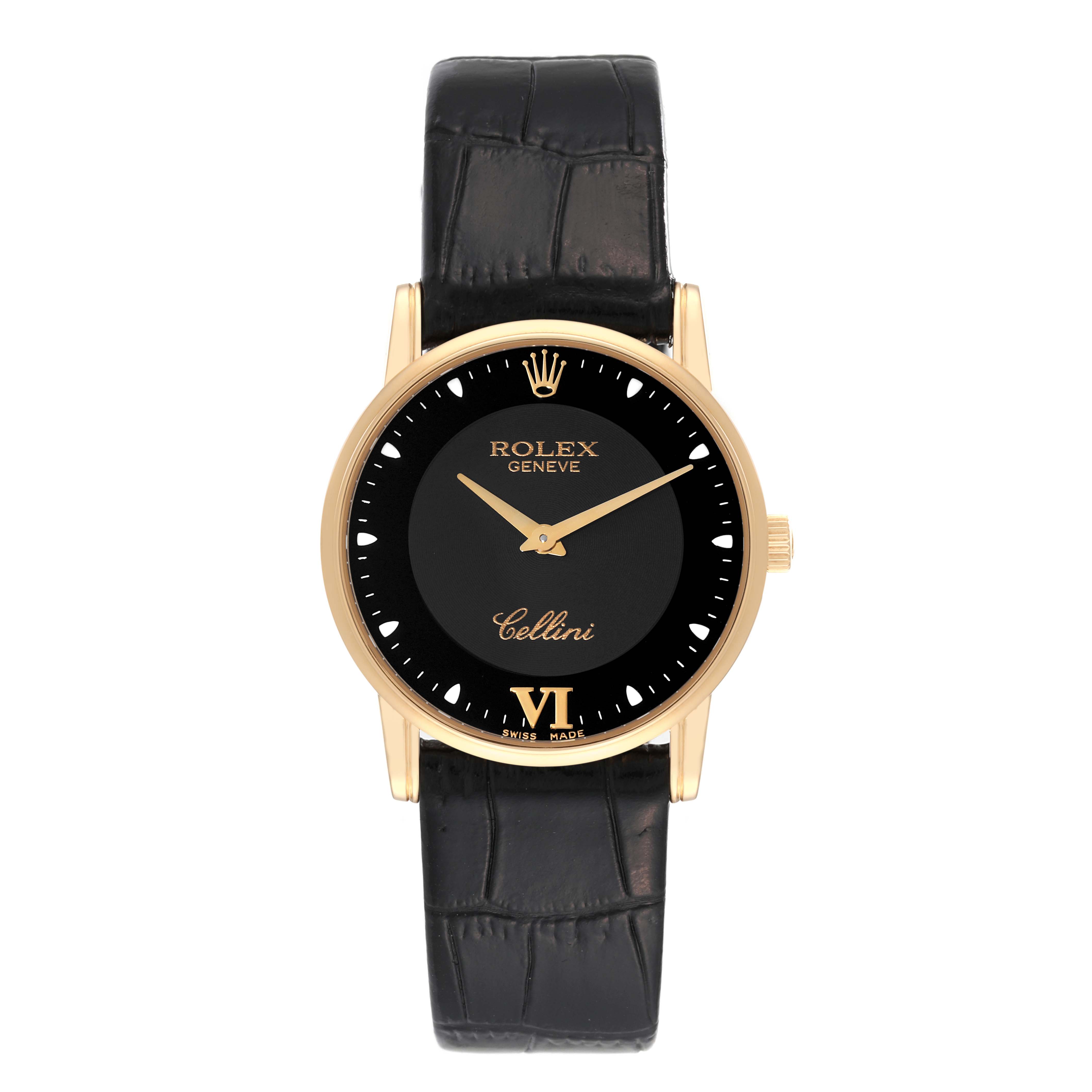 This image shows a front view of a Rolex Cellini 5116 Men's Yellow Gold Black Dial 5116 Men's Yellow Gold Black Dial watch, featuring a black leather strap and a black dial with gold accents.