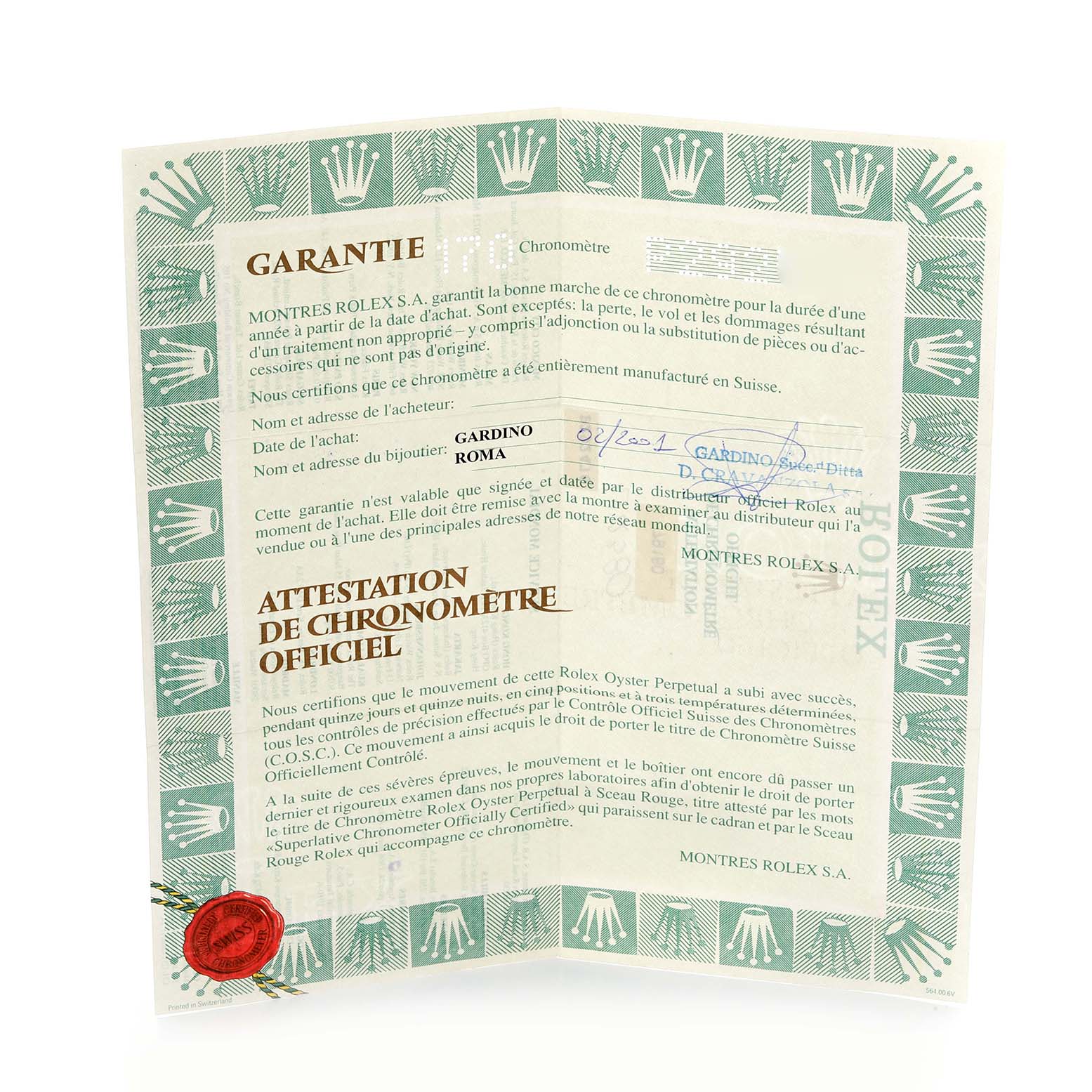 The image shows a warranty certificate for the Rolex Date 79160 Women's Stainless Steel Pink Dial 79160 Women's Stainless Steel Pink Dial model.