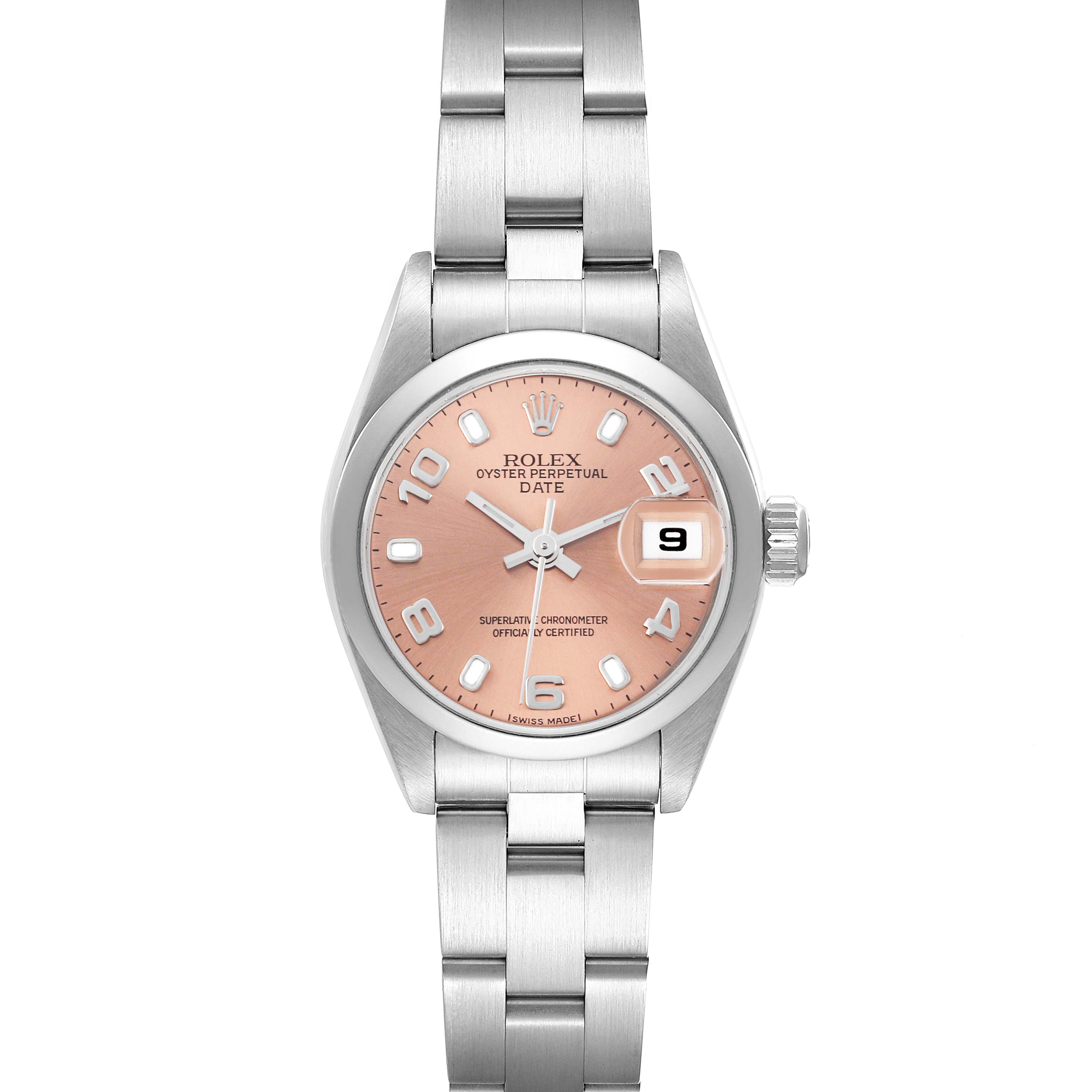 The Rolex Date 79160 Women's Stainless Steel Pink Dial 79160 Women's Stainless Steel Pink Dial watch is shown from the front, displaying the face, bracelet, crown, and date window.