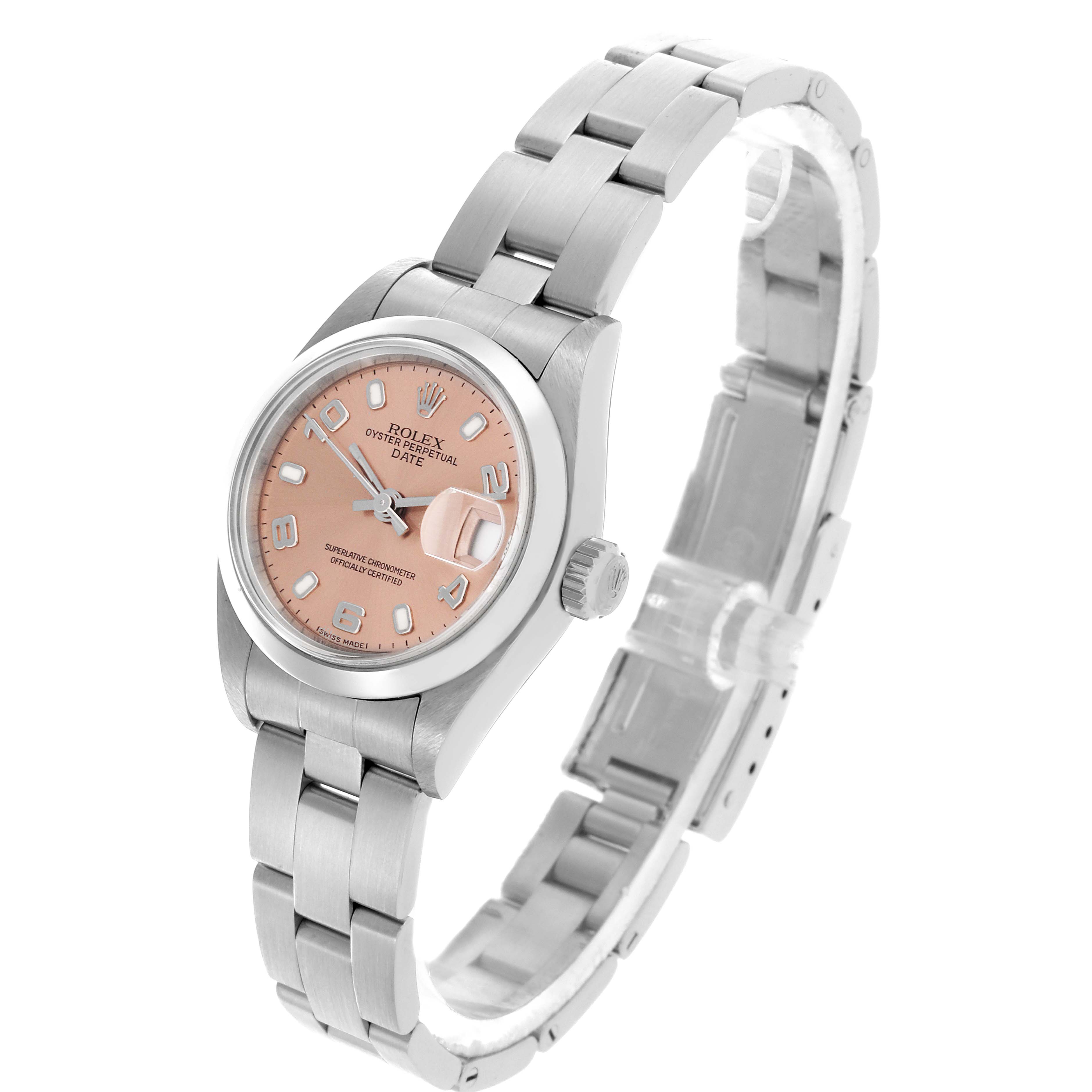 The Rolex Date 79160 Women's Stainless Steel Pink Dial 79160 Women's Stainless Steel Pink Dial watch is shown at a slight angle, displaying the face, bezel, crown, and part of the bracelet.