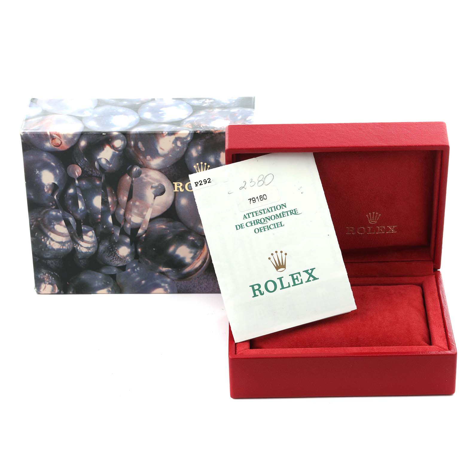 The image shows a Rolex Date 79160 Women's Stainless Steel Pink Dial 79160 Women's Stainless Steel Pink Dial model watch box and warranty certificate, viewed from the front.