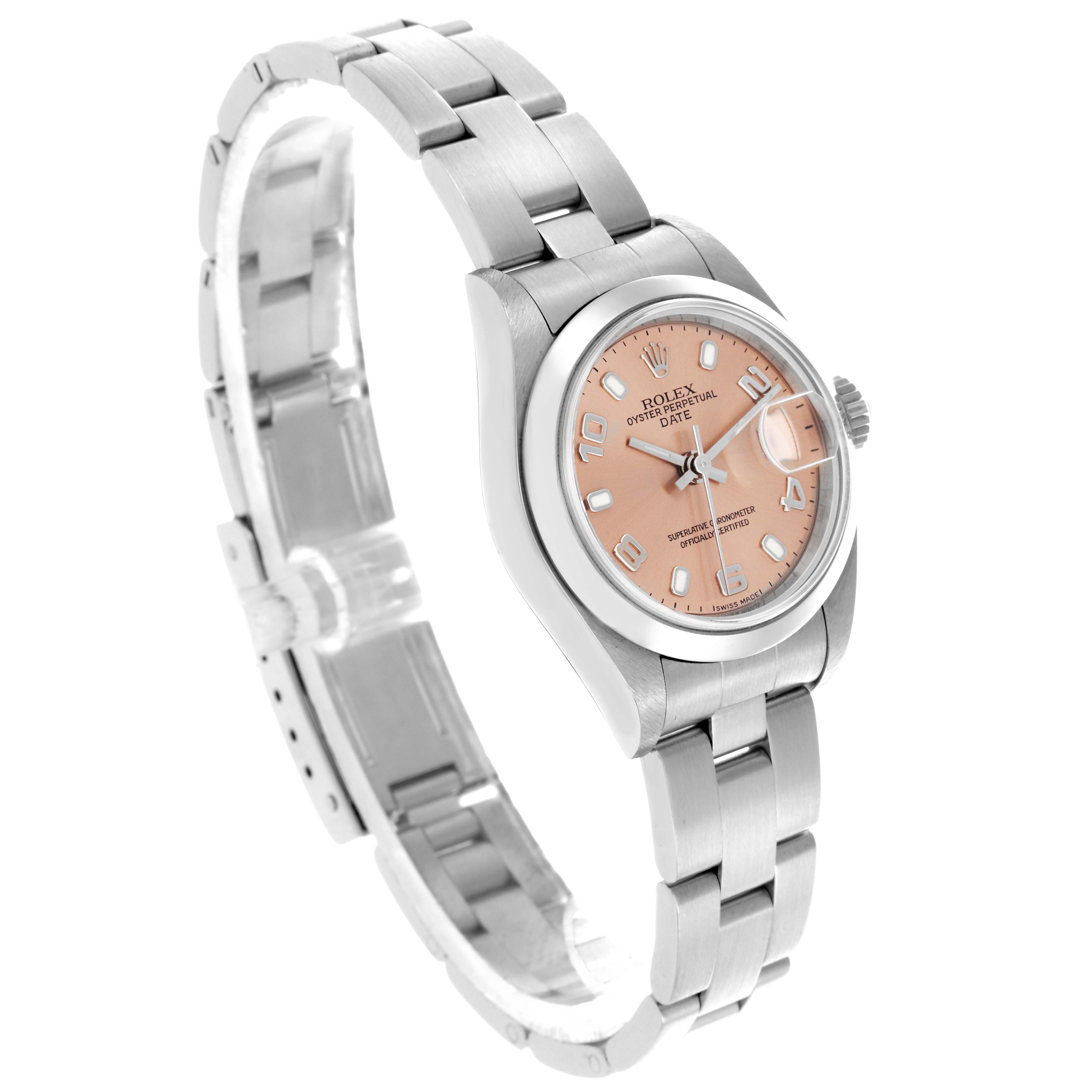 The Rolex Date 79160 Women's Stainless Steel Pink Dial 79160 Women's Stainless Steel Pink Dial model is shown in a side angle, highlighting the bracelet, case, dial, and crown.