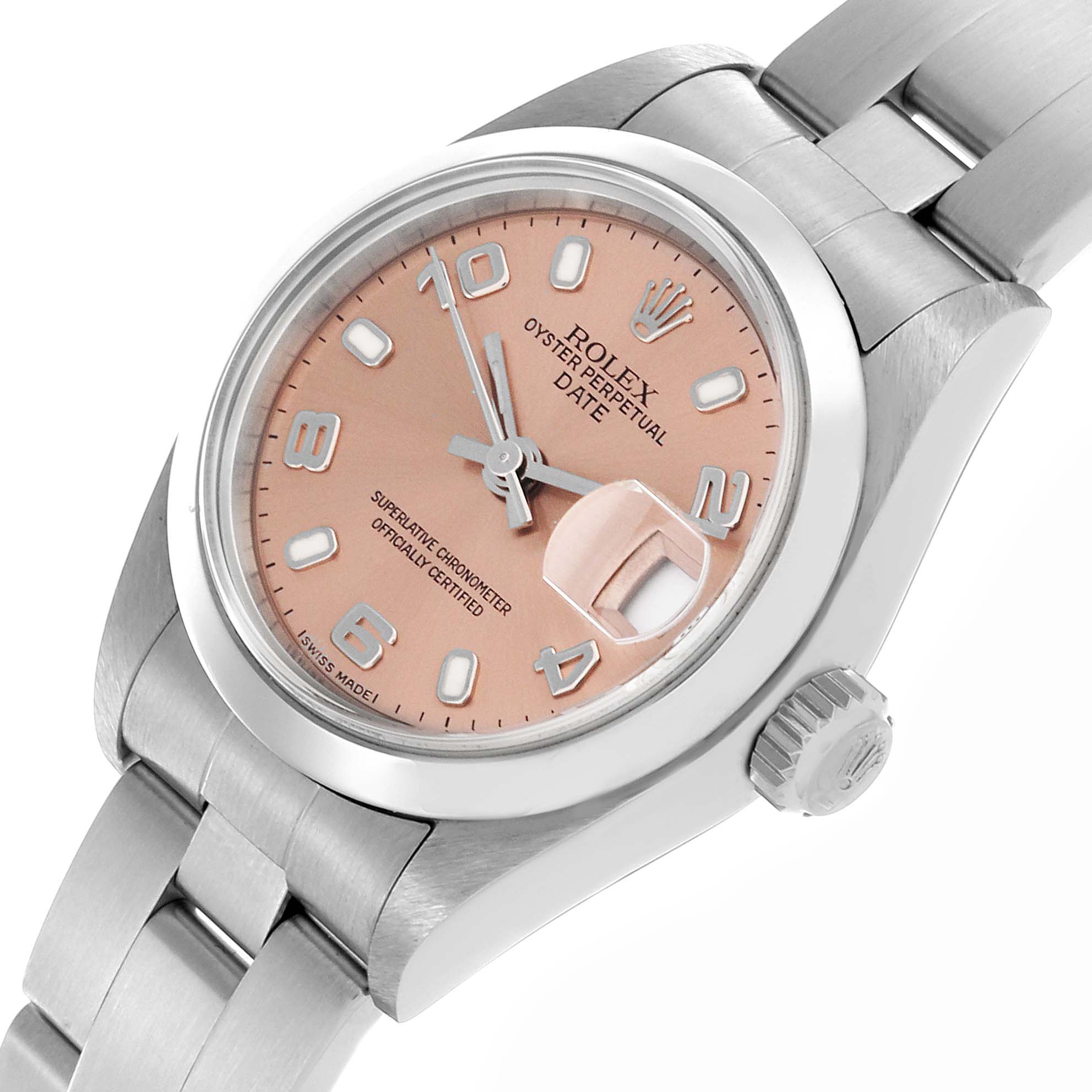 The Rolex Date 79160 Women's Stainless Steel Pink Dial 79160 Women's Stainless Steel Pink Dial watch is shown at an angled view, highlighting the dial, bezel, case, crown, and bracelet.
