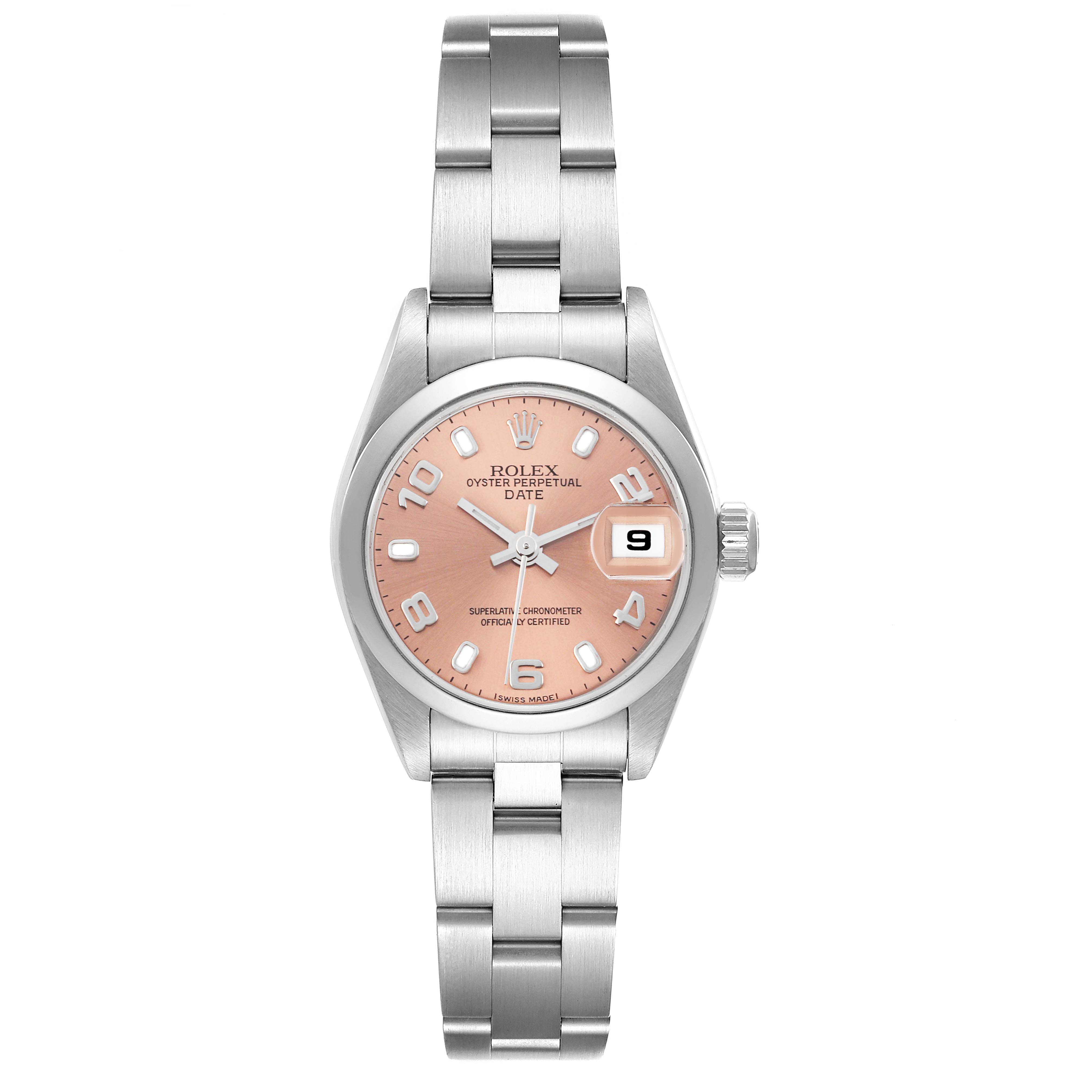 The Rolex Date 79160 Women's Stainless Steel Pink Dial 79160 Women's Stainless Steel Pink Dial model is shown from a top-down angle, featuring the dial, case, bezel, and bracelet.
