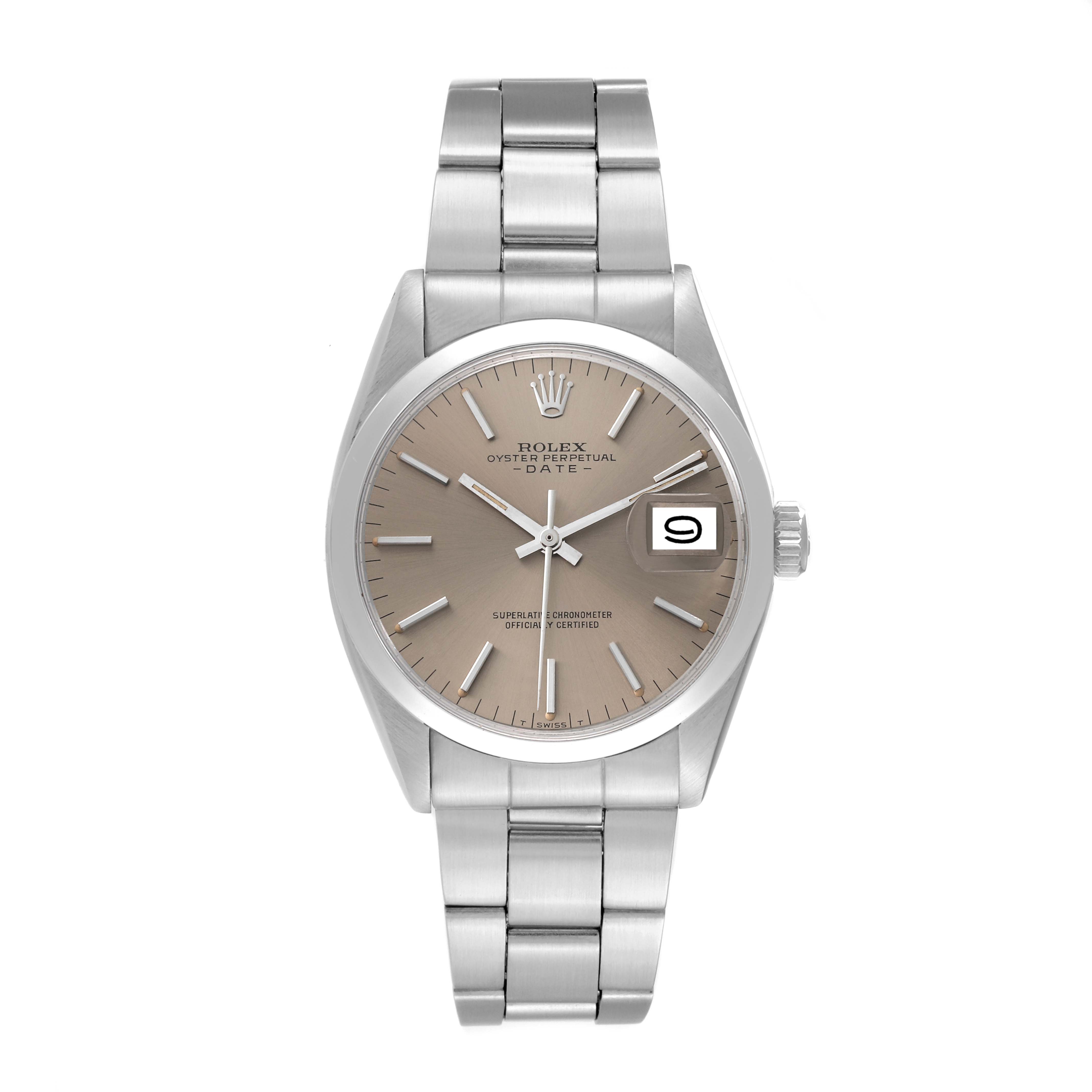 The image shows a front-facing view of the Rolex Vintage Collection 1500 Men's Stainless Steel Grey Dial 1500 Men's Stainless Steel Grey Dial model watch, highlighting its face, crown, and stainless steel bracelet.
