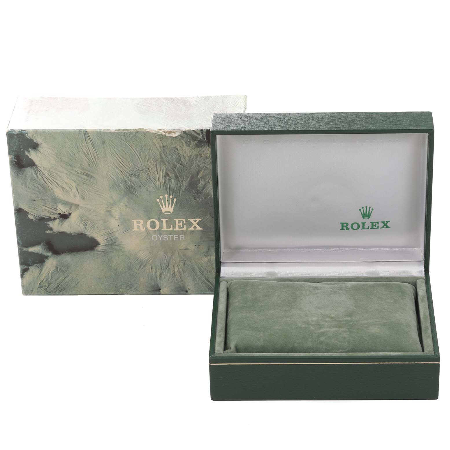 The image shows a Rolex Vintage Collection 1500 Men's Stainless Steel Grey Dial 1500 Men's Stainless Steel Grey Dial watch box set at an angle, featuring the outer box and inner presentation case.