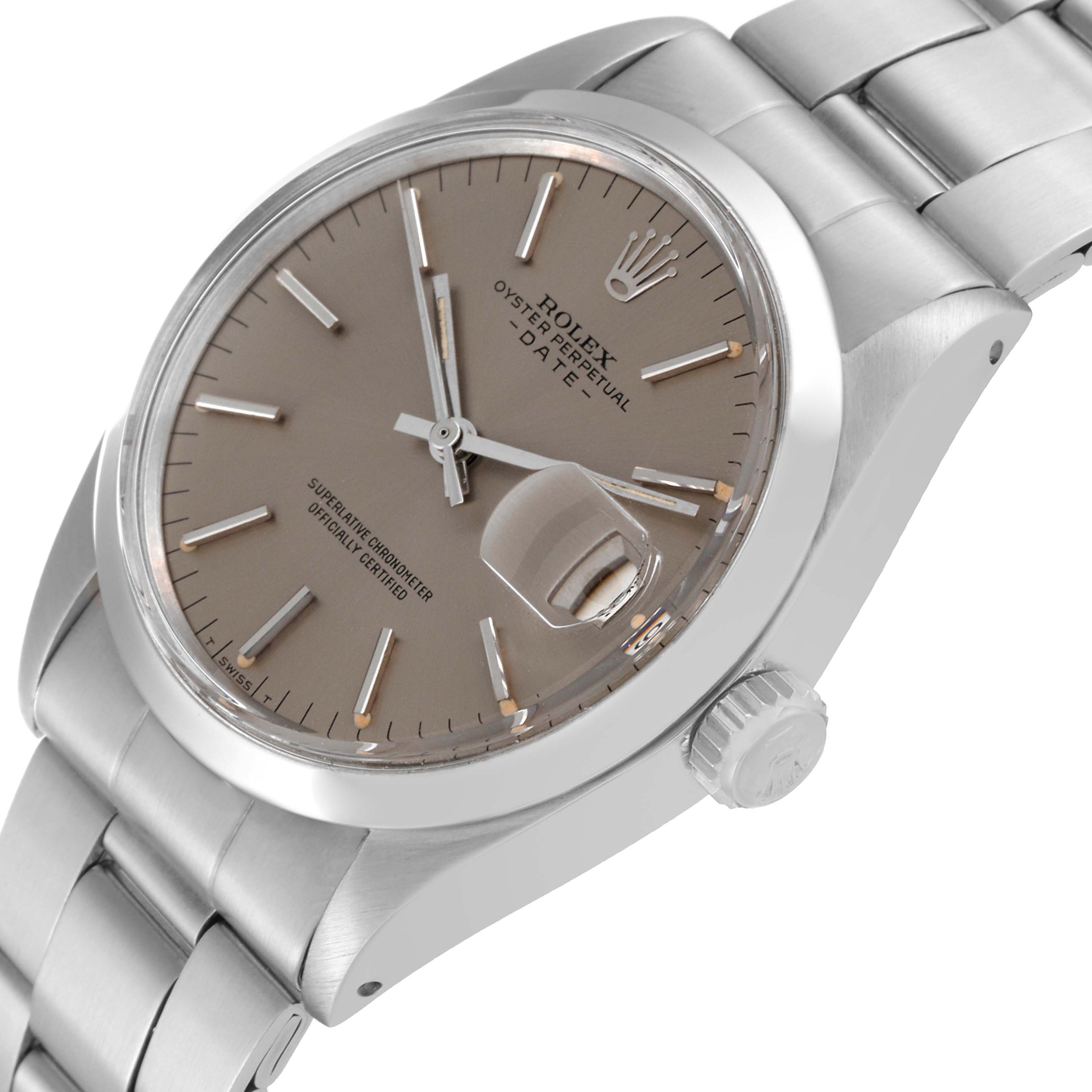 The image shows a close-up of a Vintage Collection Rolex Oyster Perpetual Date watch from an angled side view, highlighting the dial, bezel, and band.