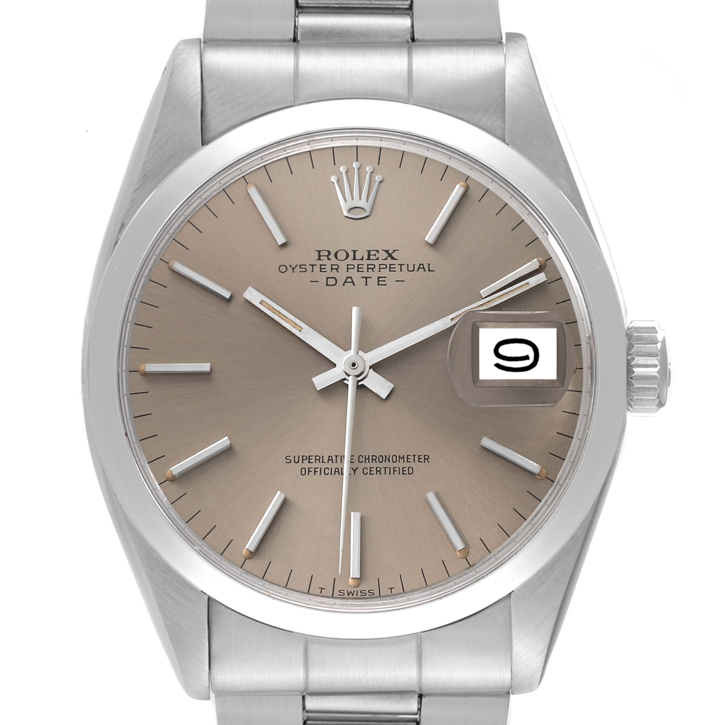 The image shows a front view of the Rolex Vintage Collection 1500 Men's Stainless Steel Grey Dial 1500 Men's Stainless Steel Grey Dial Oyster Perpetual Date watch, highlighting the dial, hands, date window, and crown.