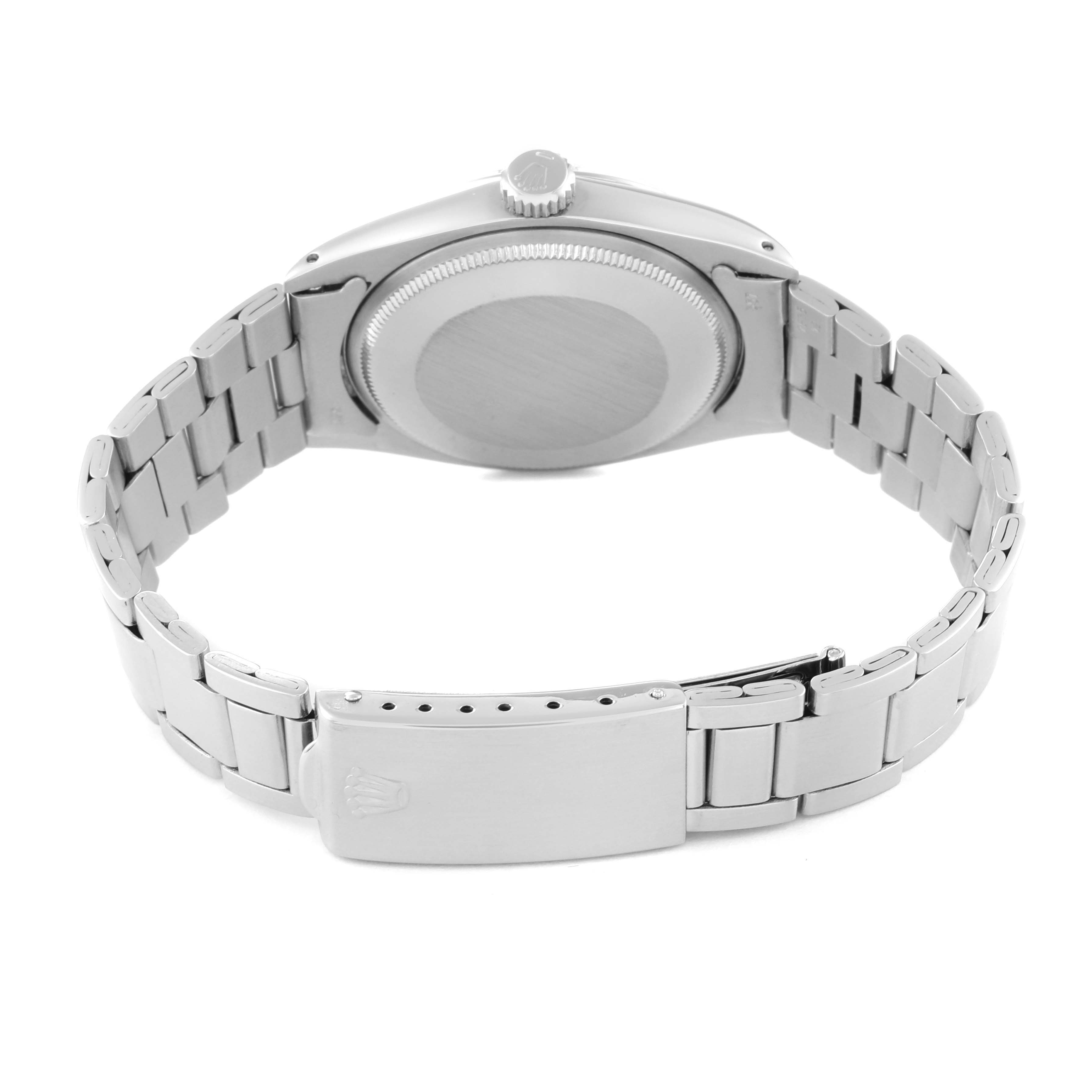 The image shows the back view of a Rolex Vintage Collection 1500 Men's Stainless Steel Grey Dial 1500 Men's Stainless Steel Grey Dial watch, highlighting the case back, bracelet, and clasp.