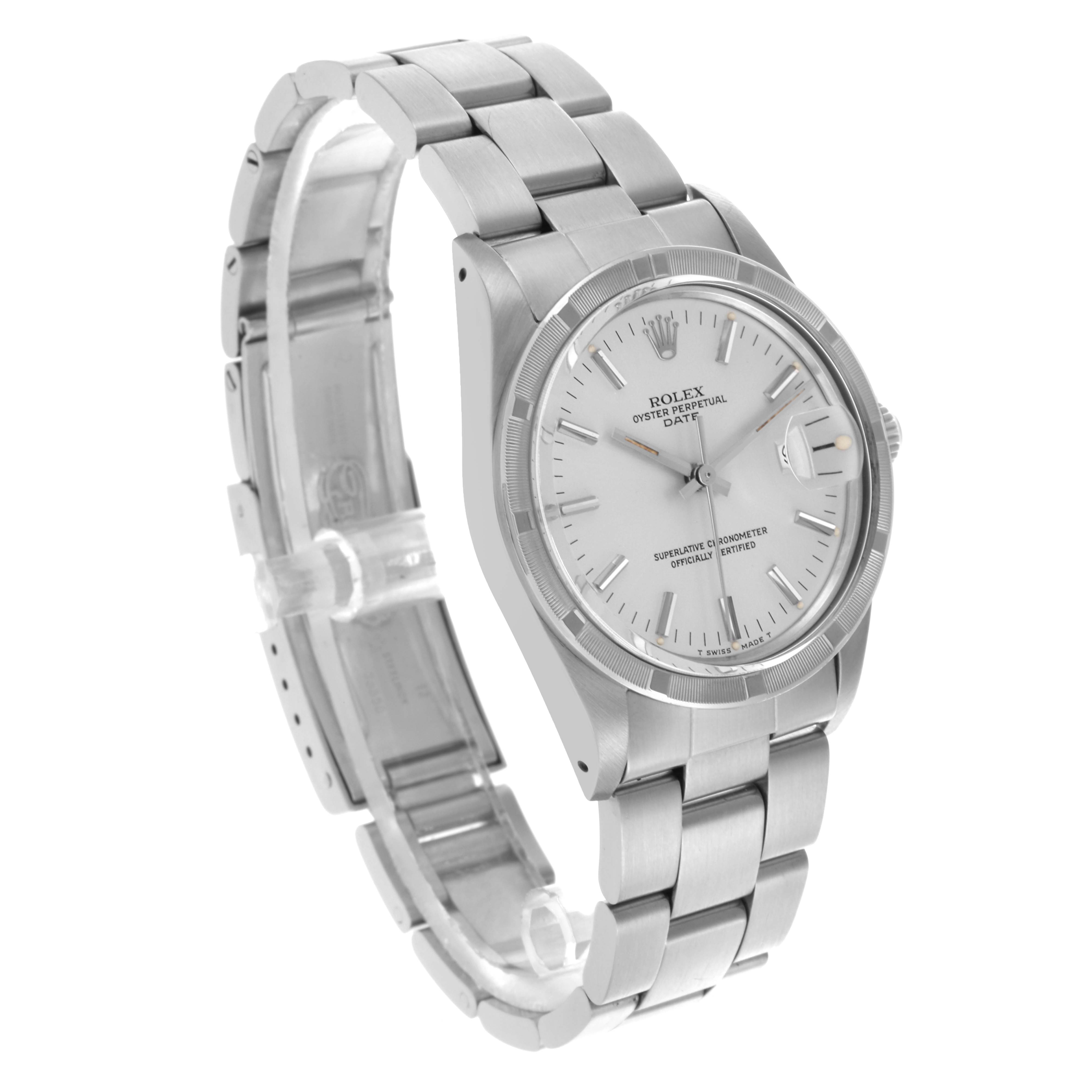 The Rolex Date 15010 Men's Stainless Steel Silver Dial 15010 Men's Stainless Steel Silver Dial watch is shown at a three-quarter angle, displaying the dial, bracelet, and bezel.