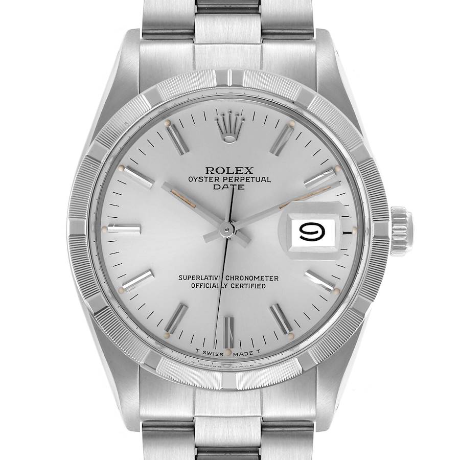 The Rolex Date watch is shown from a frontal angle, highlighting the dial, bezel, and partial bracelet.