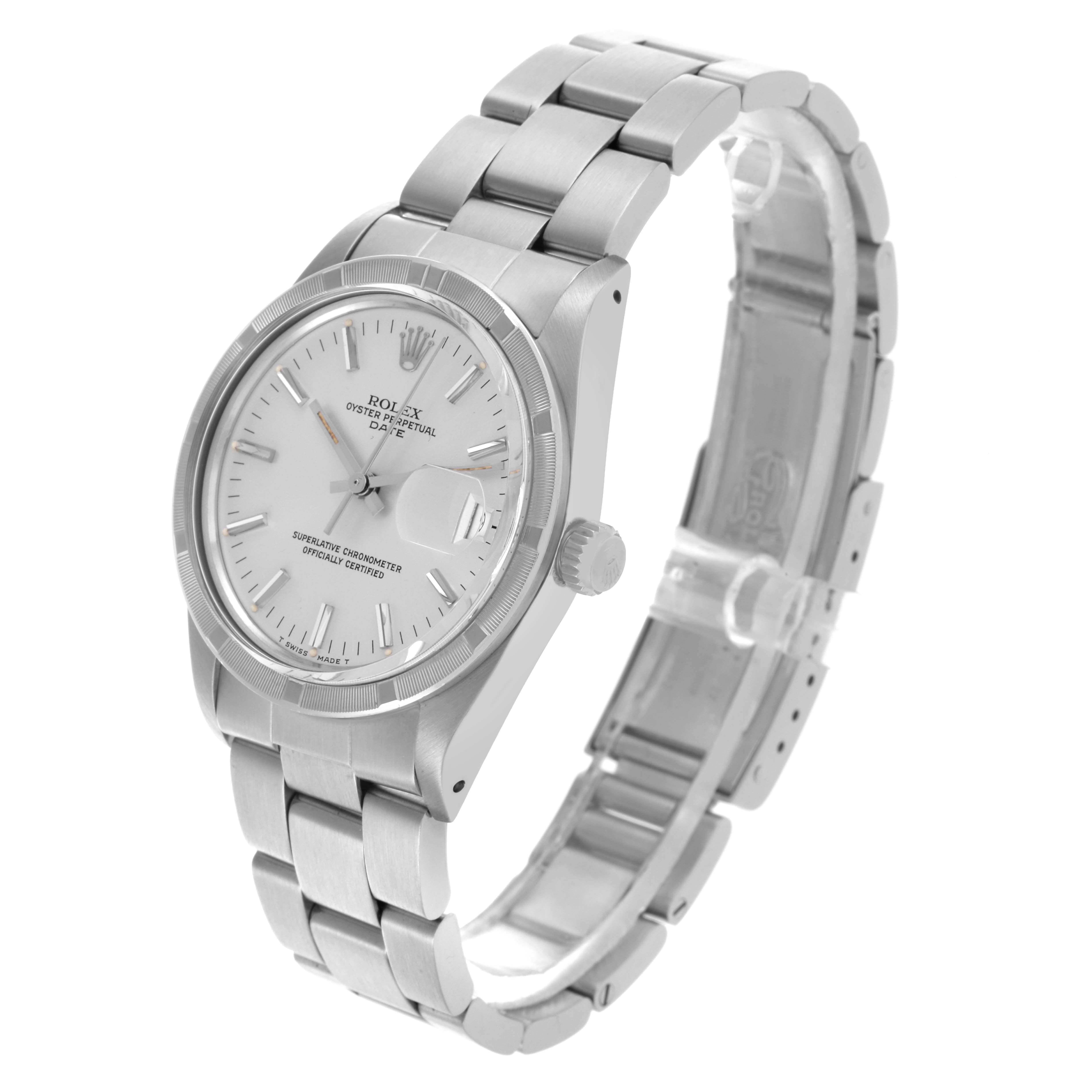 The Rolex Date 15010 Men's Stainless Steel Silver Dial 15010 Men's Stainless Steel Silver Dial watch is shown from an angled view highlighting the face, bezel, and bracelet.
