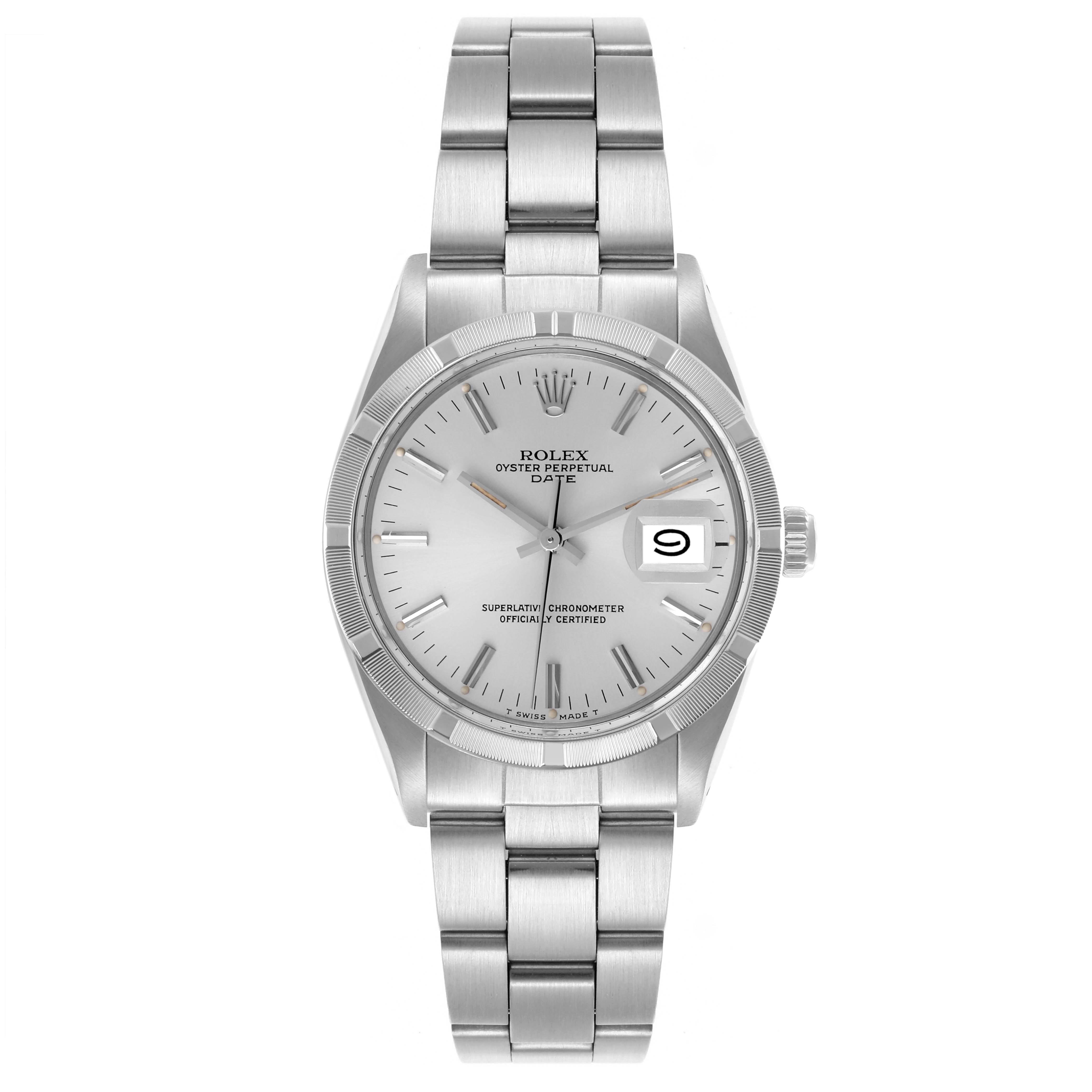 The Rolex Date 15010 Men's Stainless Steel Silver Dial 15010 Men's Stainless Steel Silver Dial model is shown from a top-down angle, displaying the face, bezel, crown, and bracelet.