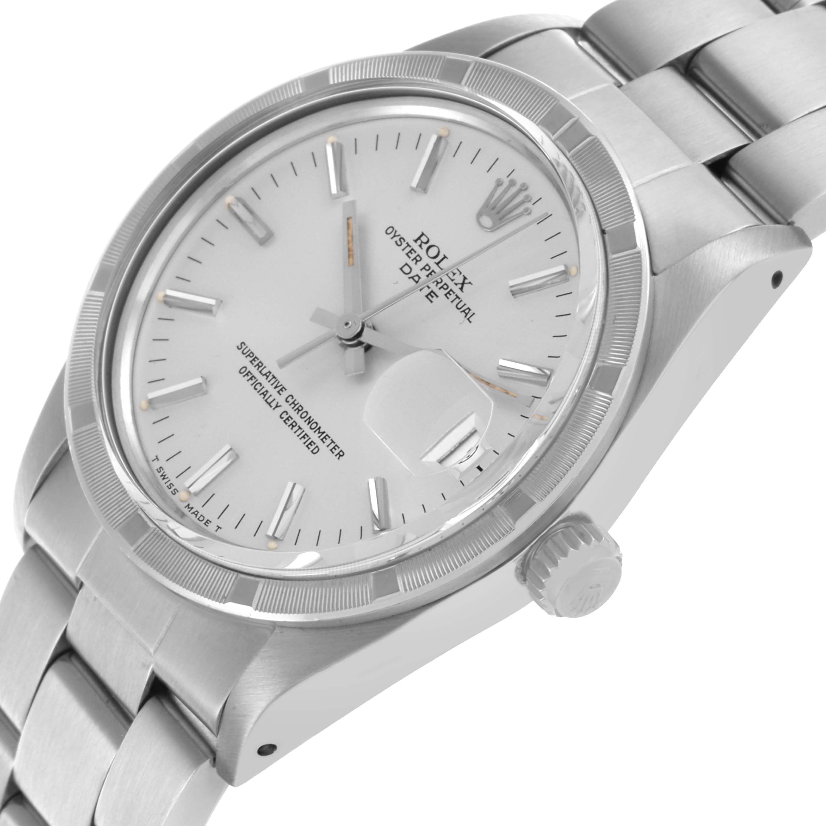 The Rolex Date 15010 Men's Stainless Steel Silver Dial 15010 Men's Stainless Steel Silver Dial watch is shown at a slight angle, highlighting the dial, bezel, and bracelet.