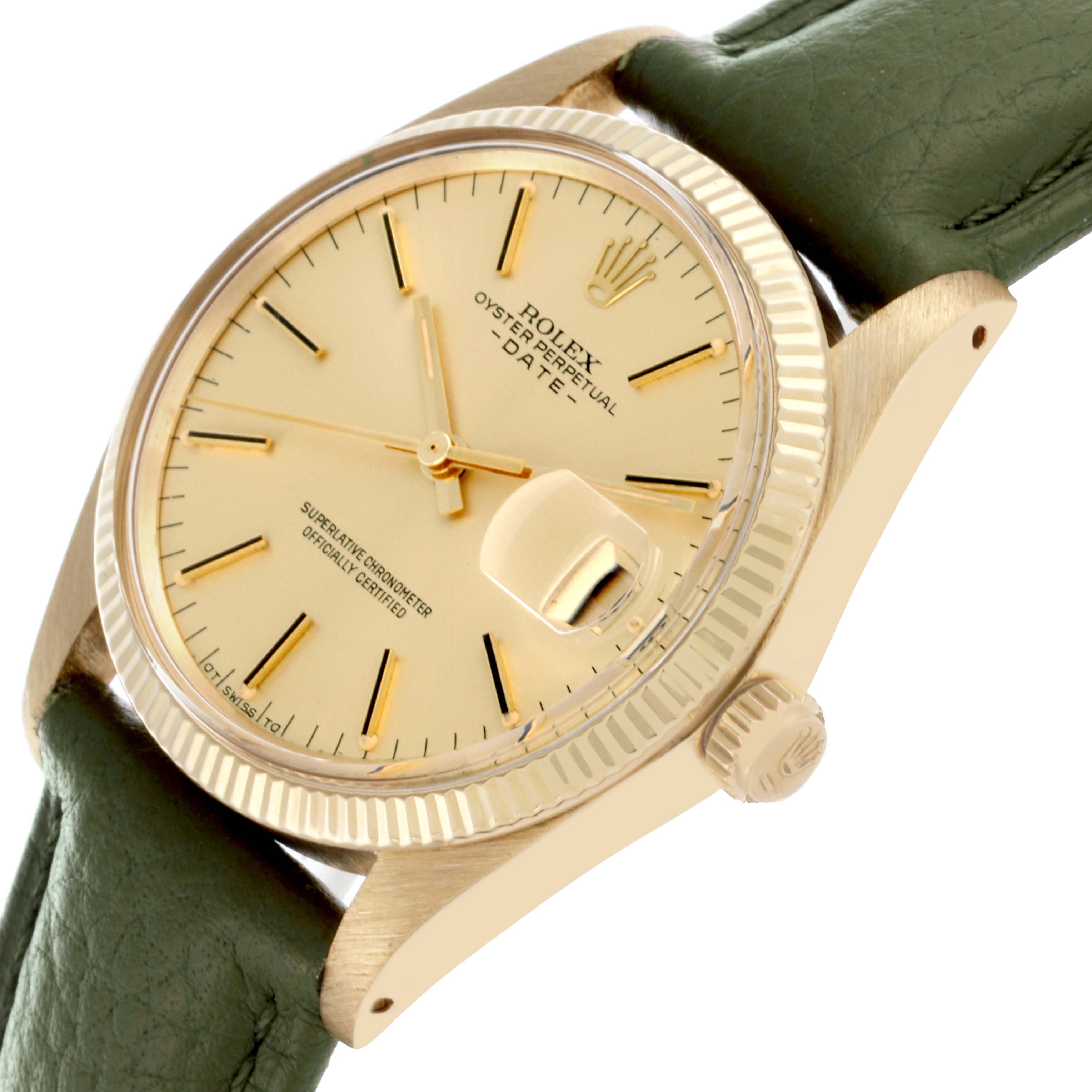 The Rolex Date watch is shown at an angled view, highlighting the dial, bezel, crown, and green leather strap.