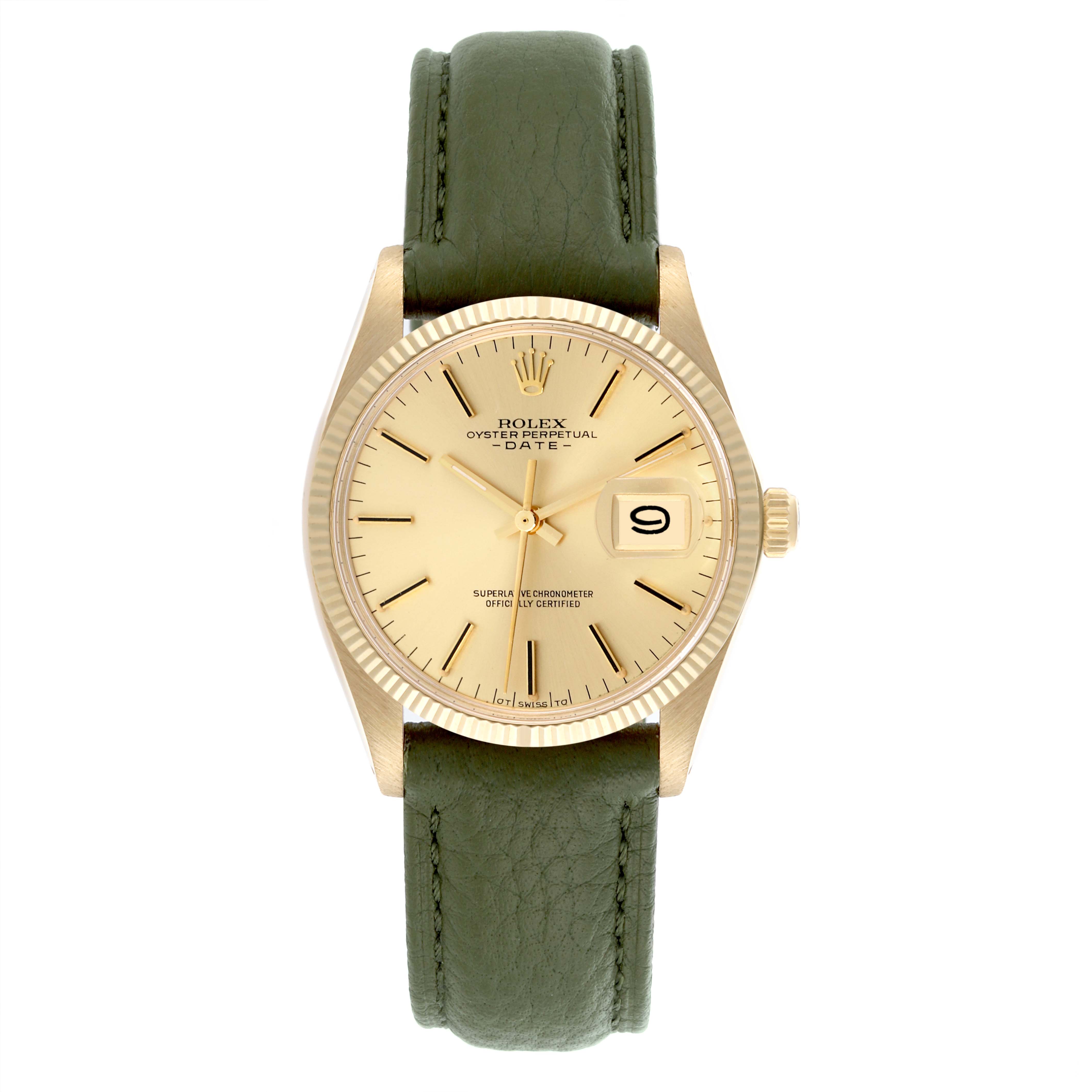 The Rolex Date model watch is shown from the front, displaying its dial, bezel, and leather strap.
