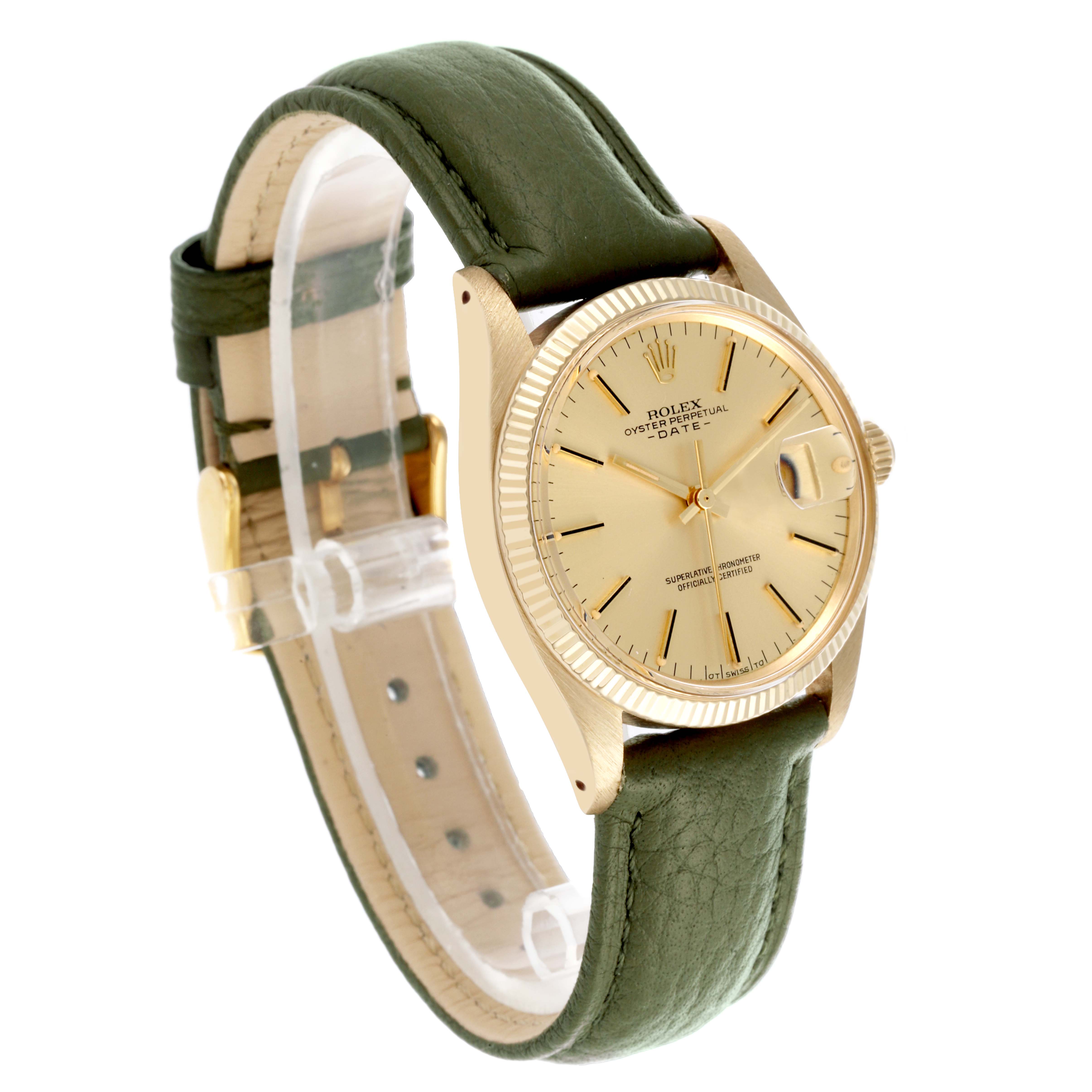 The Rolex Date watch is shown at a 3/4 angle, featuring the dial, bezel, crown, and an olive green leather strap.