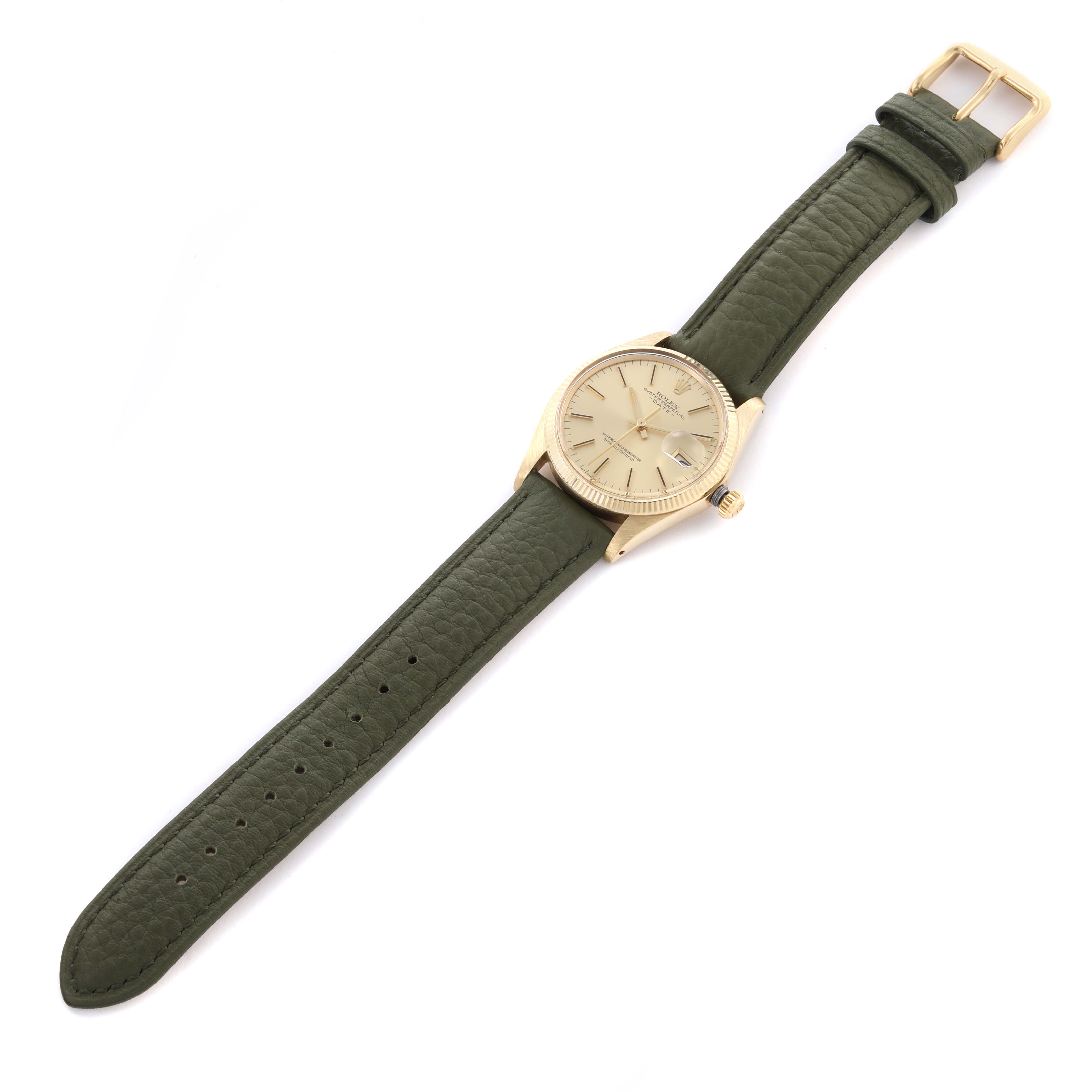 The Rolex Date watch model is shown from an angled view, displaying the full face, case, and green leather strap.