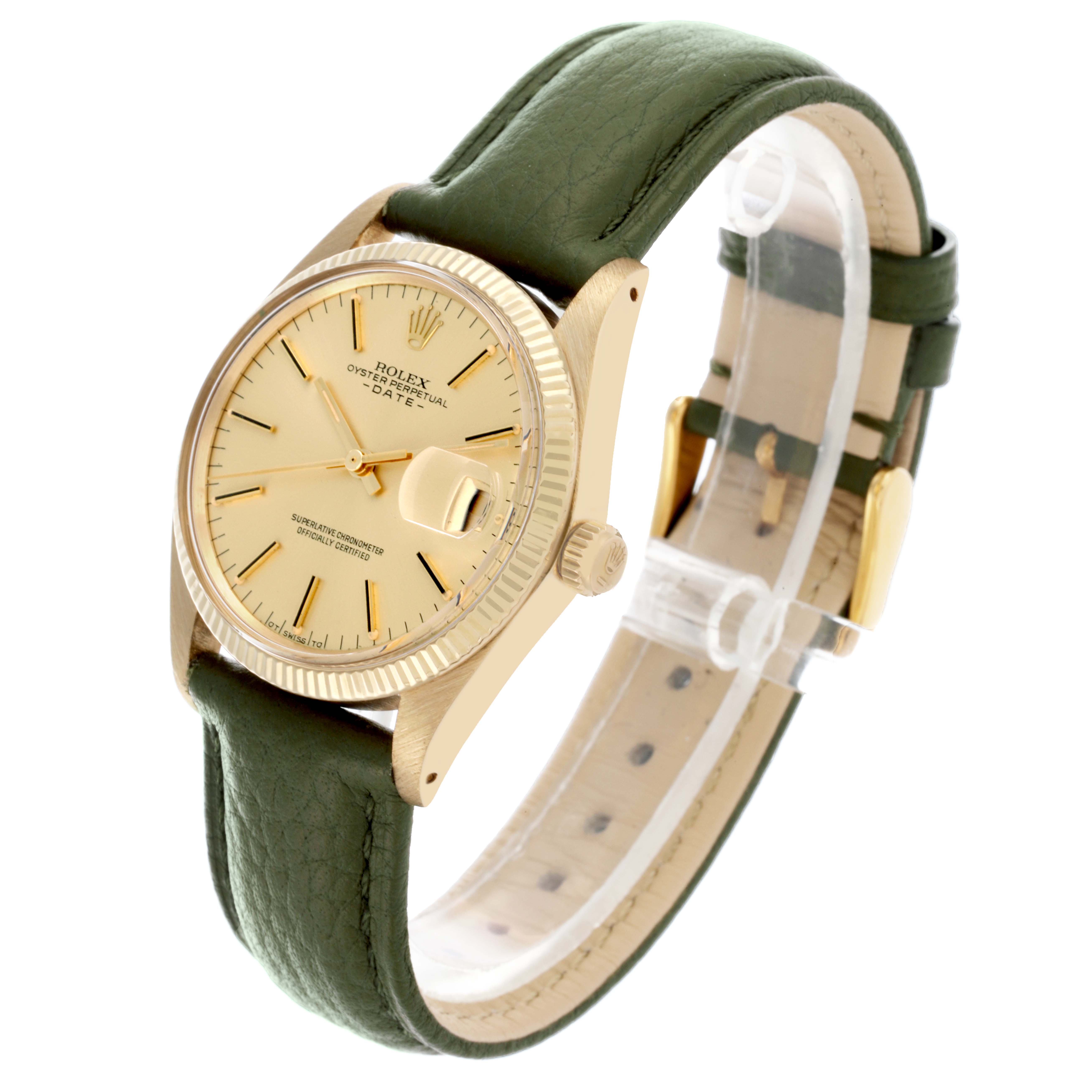 The Rolex Date watch is shown at a side angle, displaying the watch face, bezel, crown, and green leather strap.