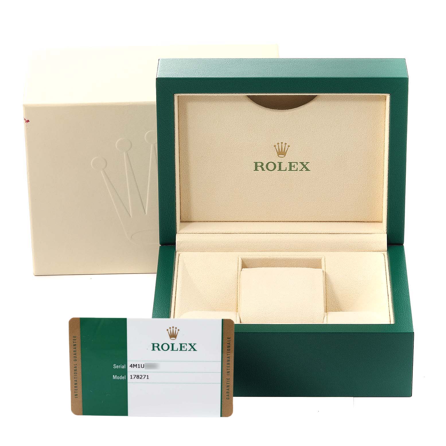 The image shows an open Rolex Mid-Size 178271 Women
s Steel and Gold (two tone) White Dial 178271 Women
s Steel and Gold (two tone) White Dial Model 178271 watch box and an identification card.