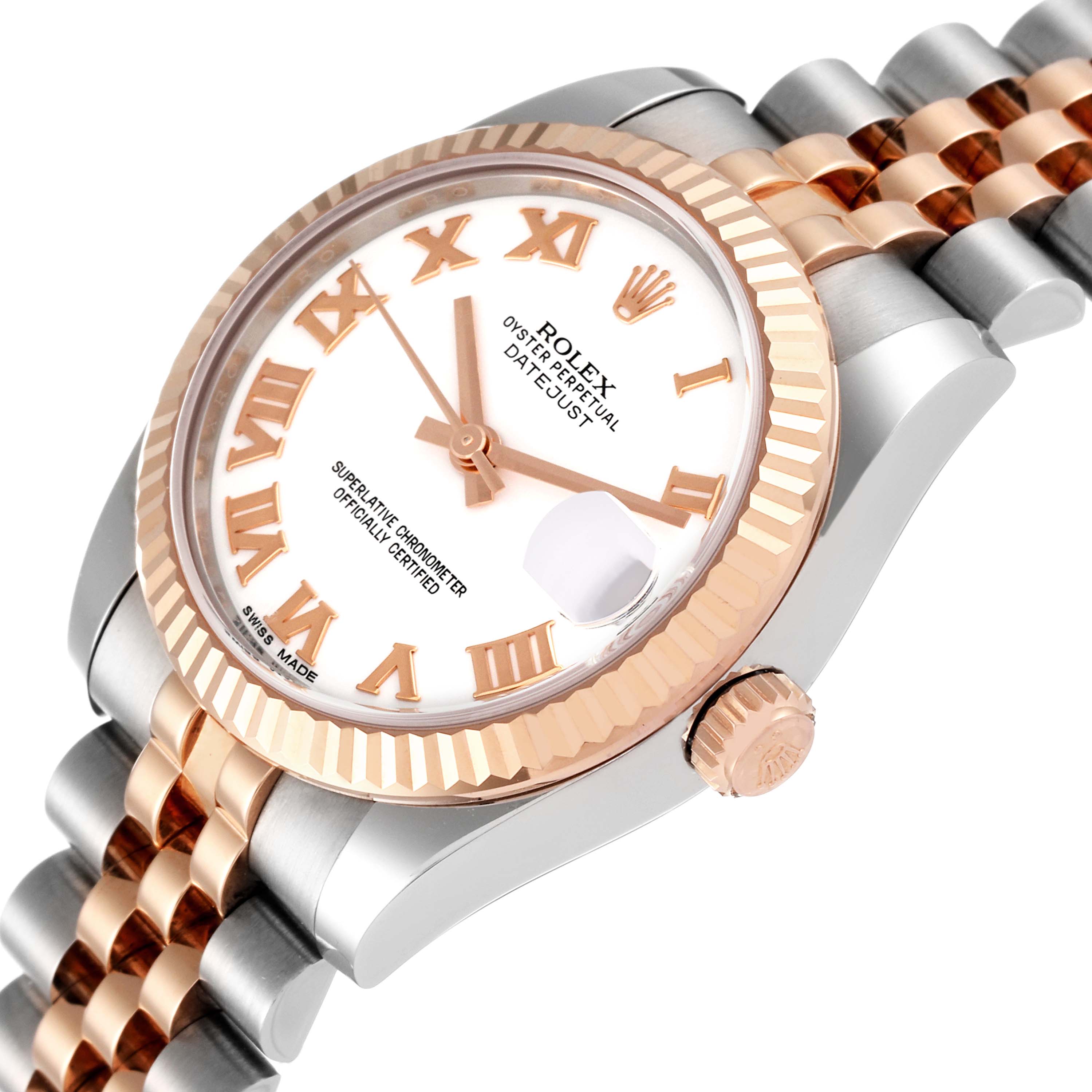 This image shows a close-up, side angle of the Rolex Oyster Perpetual Datejust Mid-Size model, highlighting the crown, bezel, dial, and part of the bracelet.