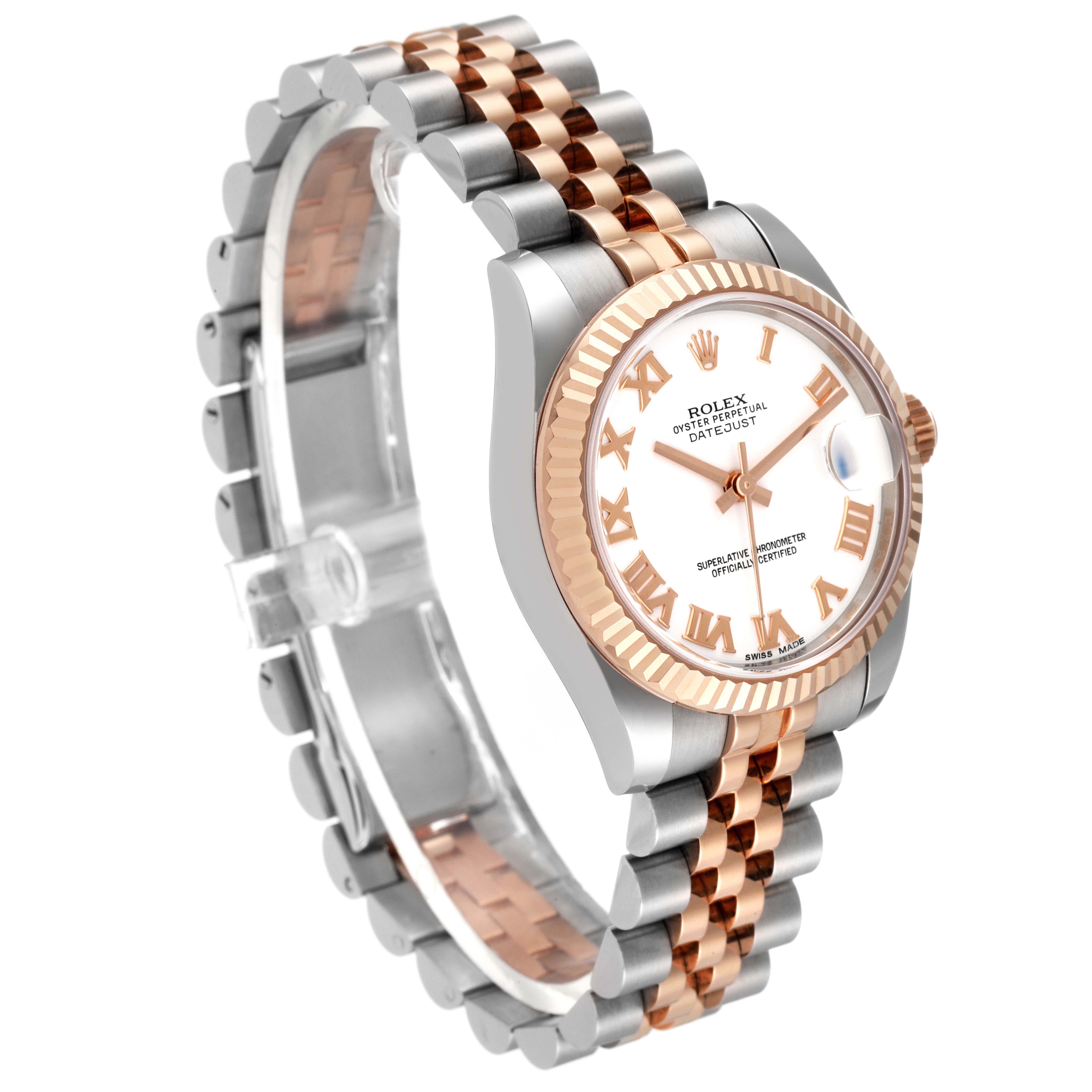 The image shows a Rolex Mid-Size 178271 Women
s Steel and Gold (two tone) White Dial 178271 Women
s Steel and Gold (two tone) White Dial Datejust watch at a three-quarter angle, highlighting the face, fluted bezel, and two-tone band.
