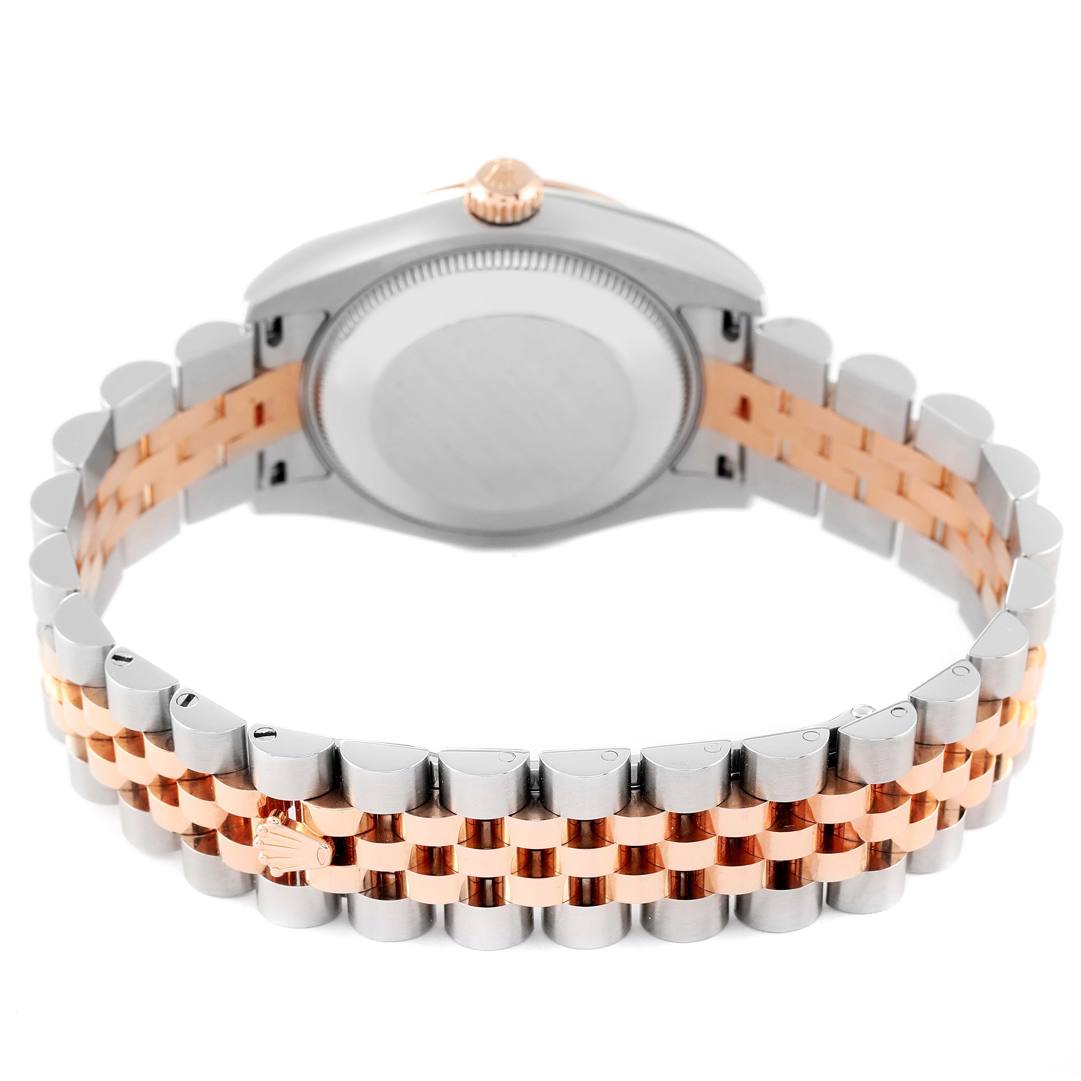 This image shows the back view of the bracelet and case of a Mid-Size Rolex watch.