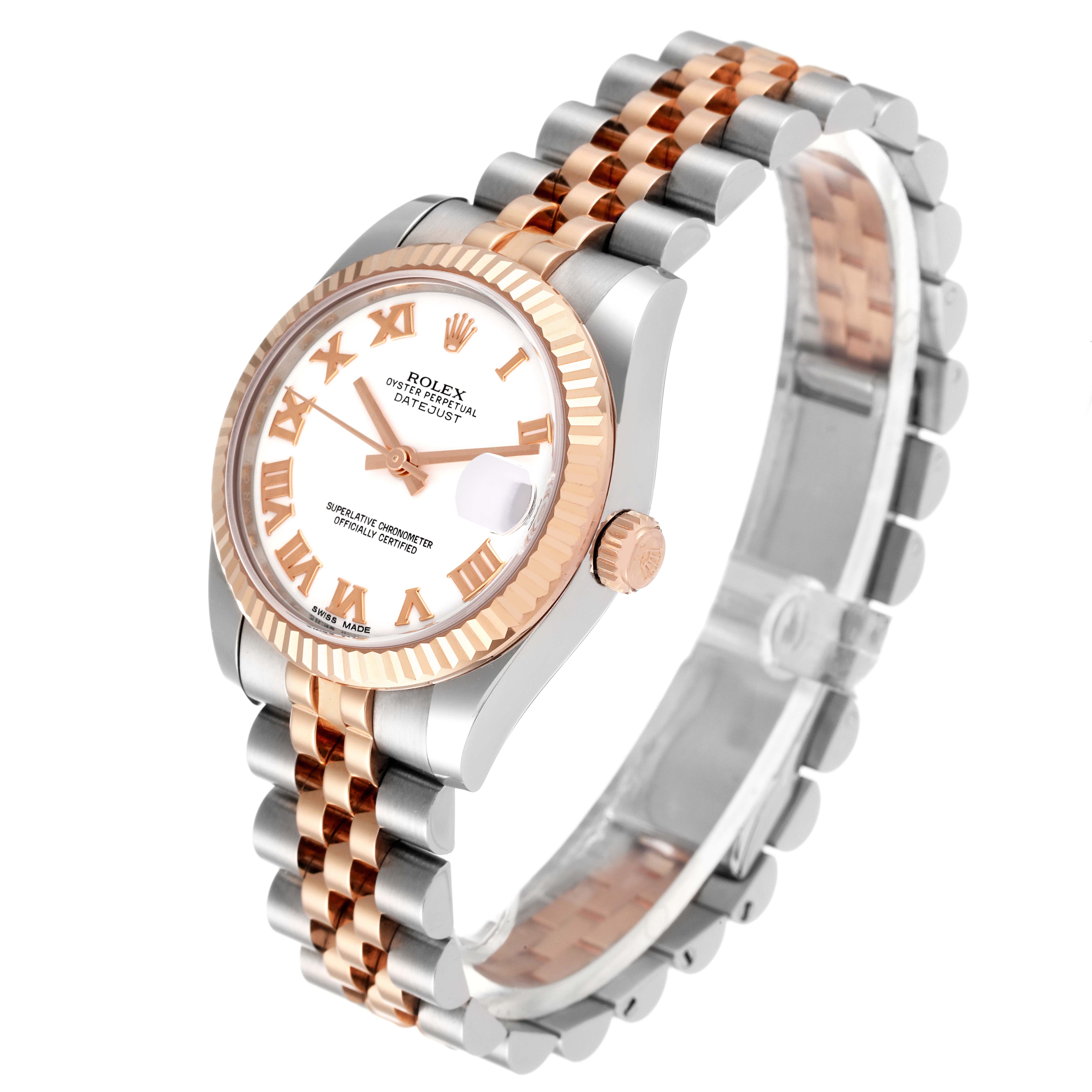 The image shows a Rolex Mid-Size 178271 Women
s Steel and Gold (two tone) White Dial 178271 Women
s Steel and Gold (two tone) White Dial Datejust watch in a three-quarter view, highlighting its mixed metal bracelet, bezel, and white dial with Roman numerals.