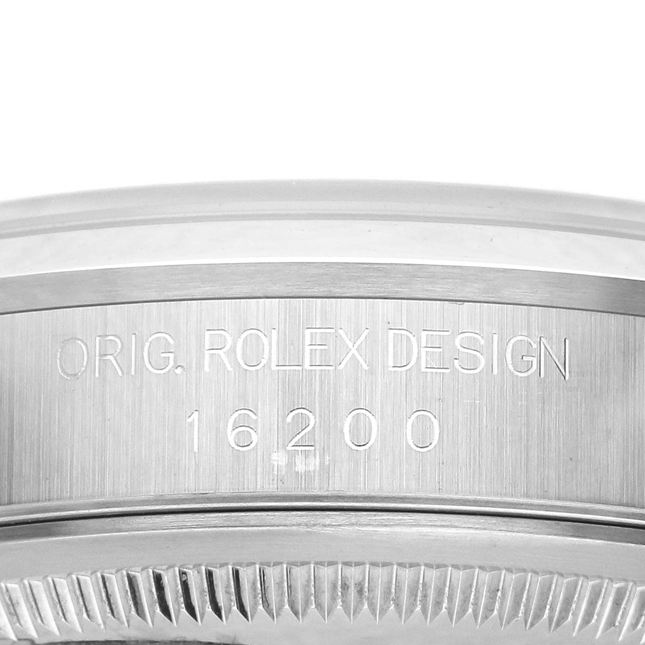 The image shows the side view of a Rolex Datejust 16200 Men's Stainless Steel Pink Dial 16200 Men's Stainless Steel Pink Dial case with engraving "ORIG. ROLEX DESIGN 16200".