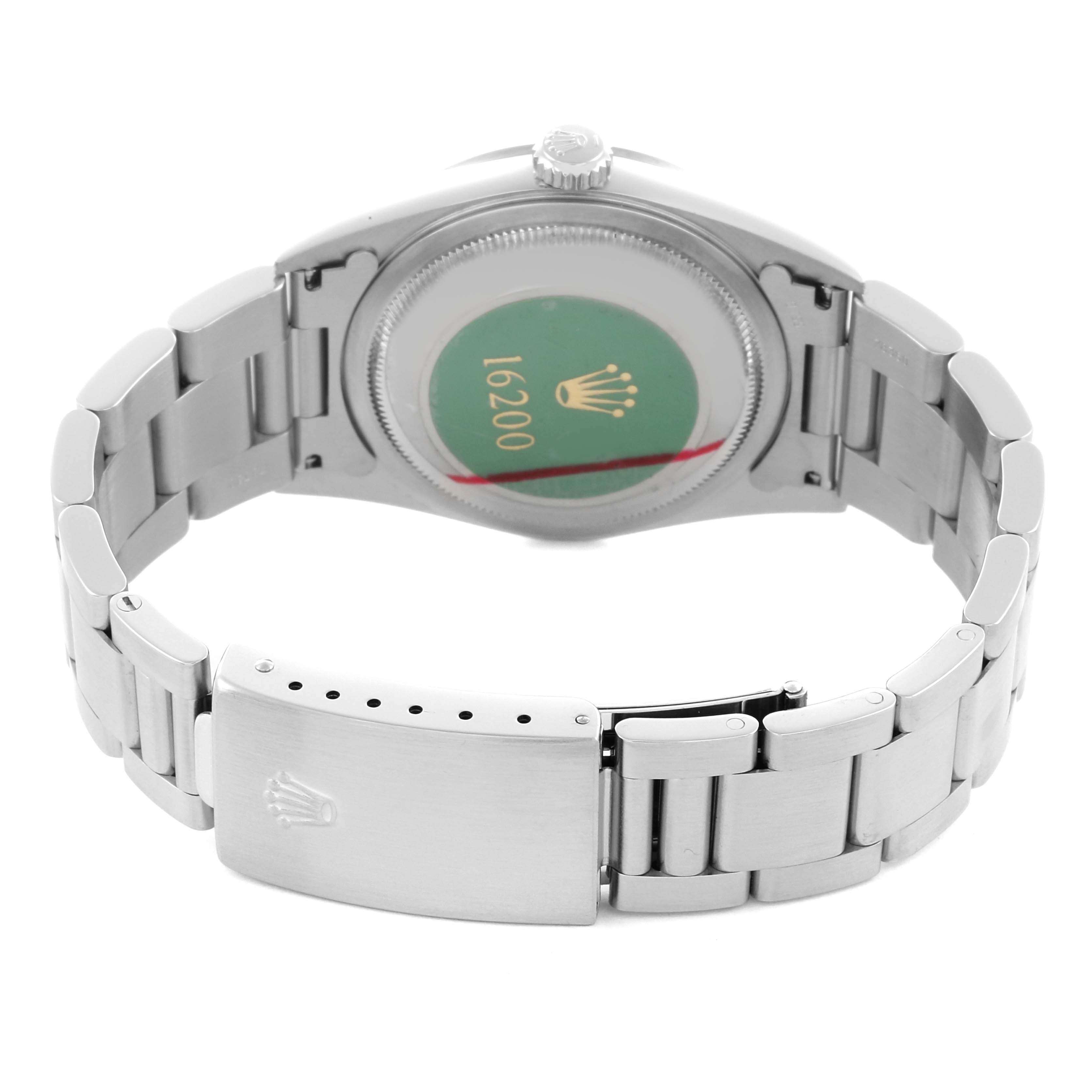 The image shows the back of the Rolex Datejust 16200 Men's Stainless Steel Pink Dial 16200 Men's Stainless Steel Pink Dial watch, focusing on the case back and bracelet clasp.