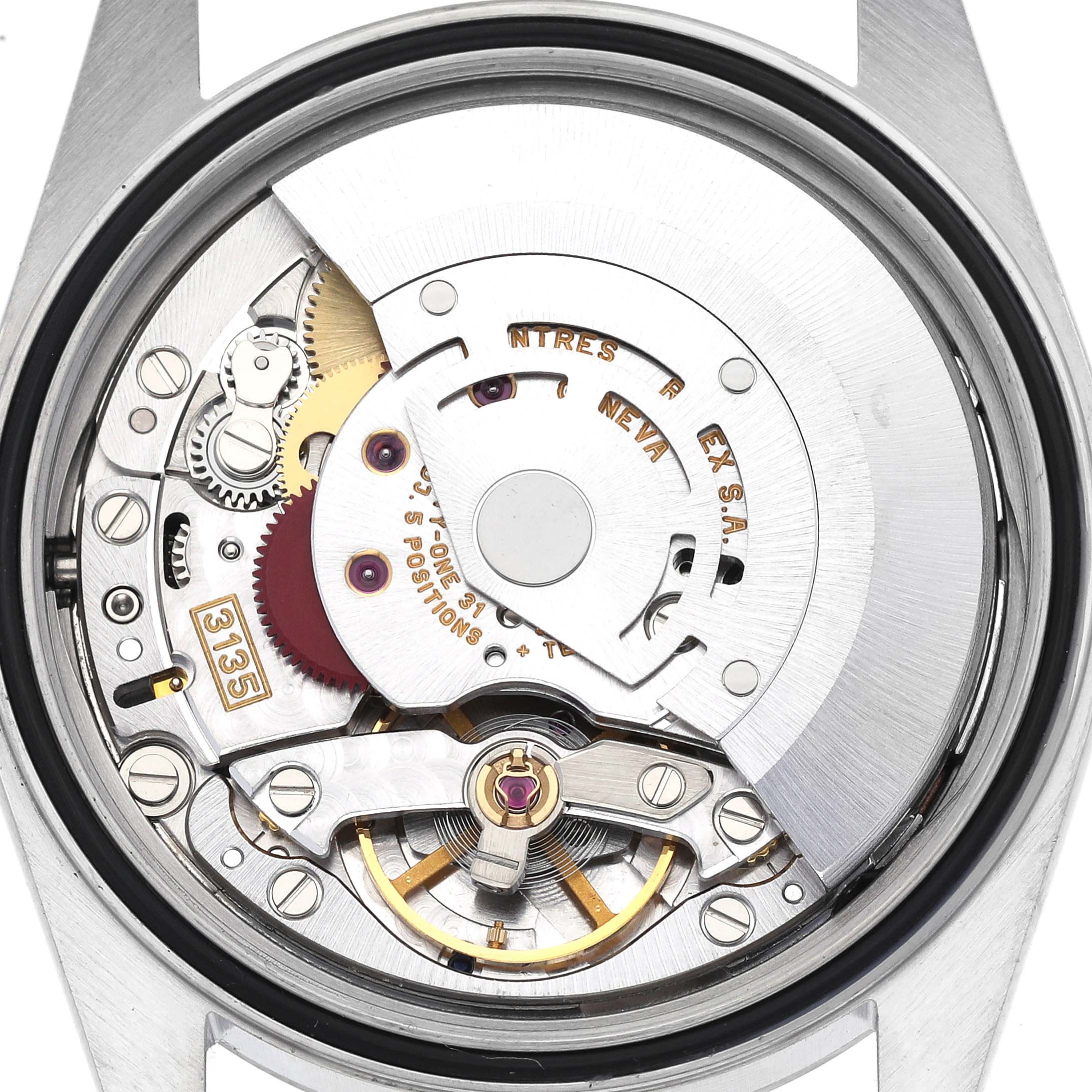 The image shows the movement mechanism of a Rolex Datejust 16200 Men's Stainless Steel Pink Dial 16200 Men's Stainless Steel Pink Dial, viewed from the back without the caseback.