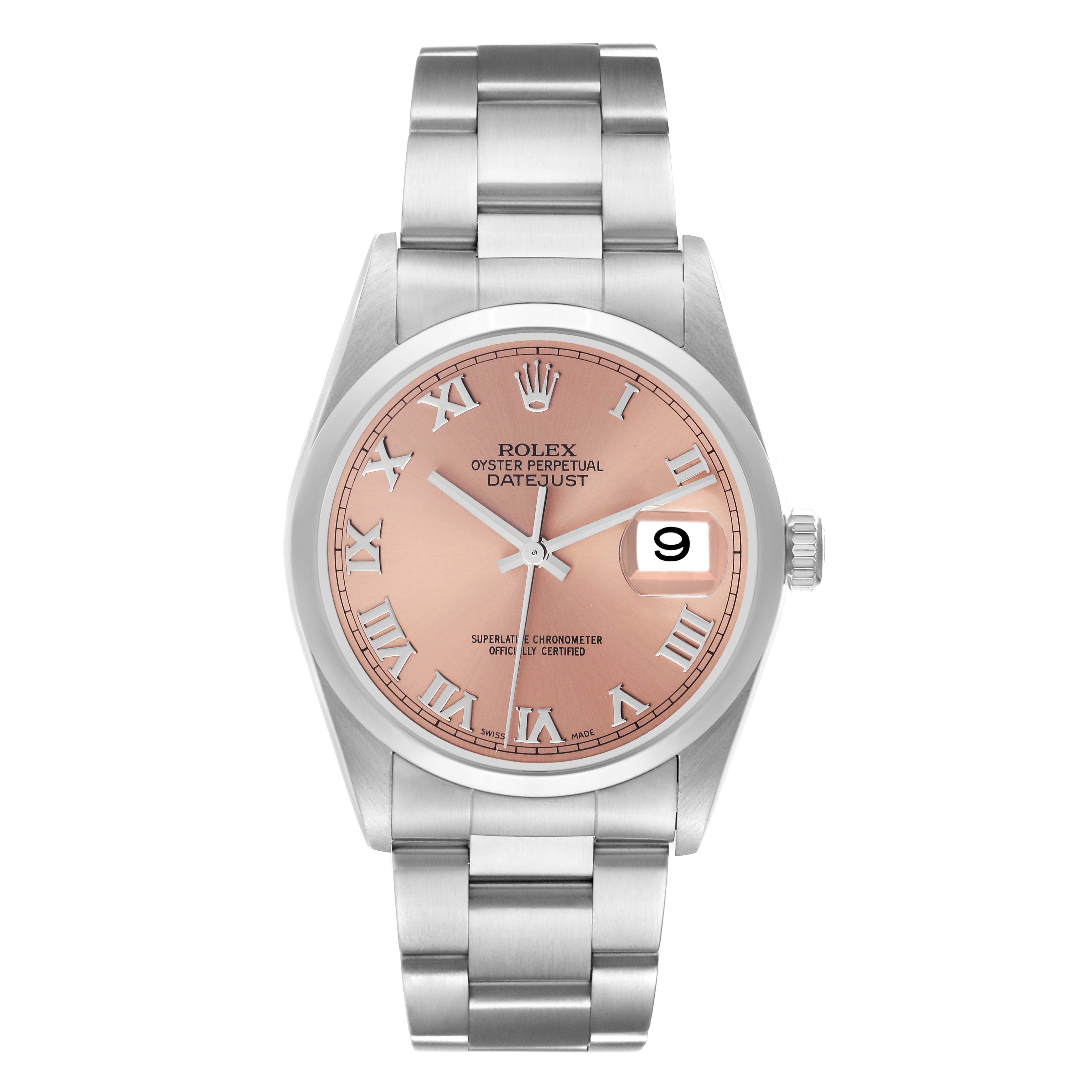 The Rolex Datejust 16200 Men's Stainless Steel Pink Dial 16200 Men's Stainless Steel Pink Dial is shown from a front angle, displaying the face, dial, case, and bracelet.