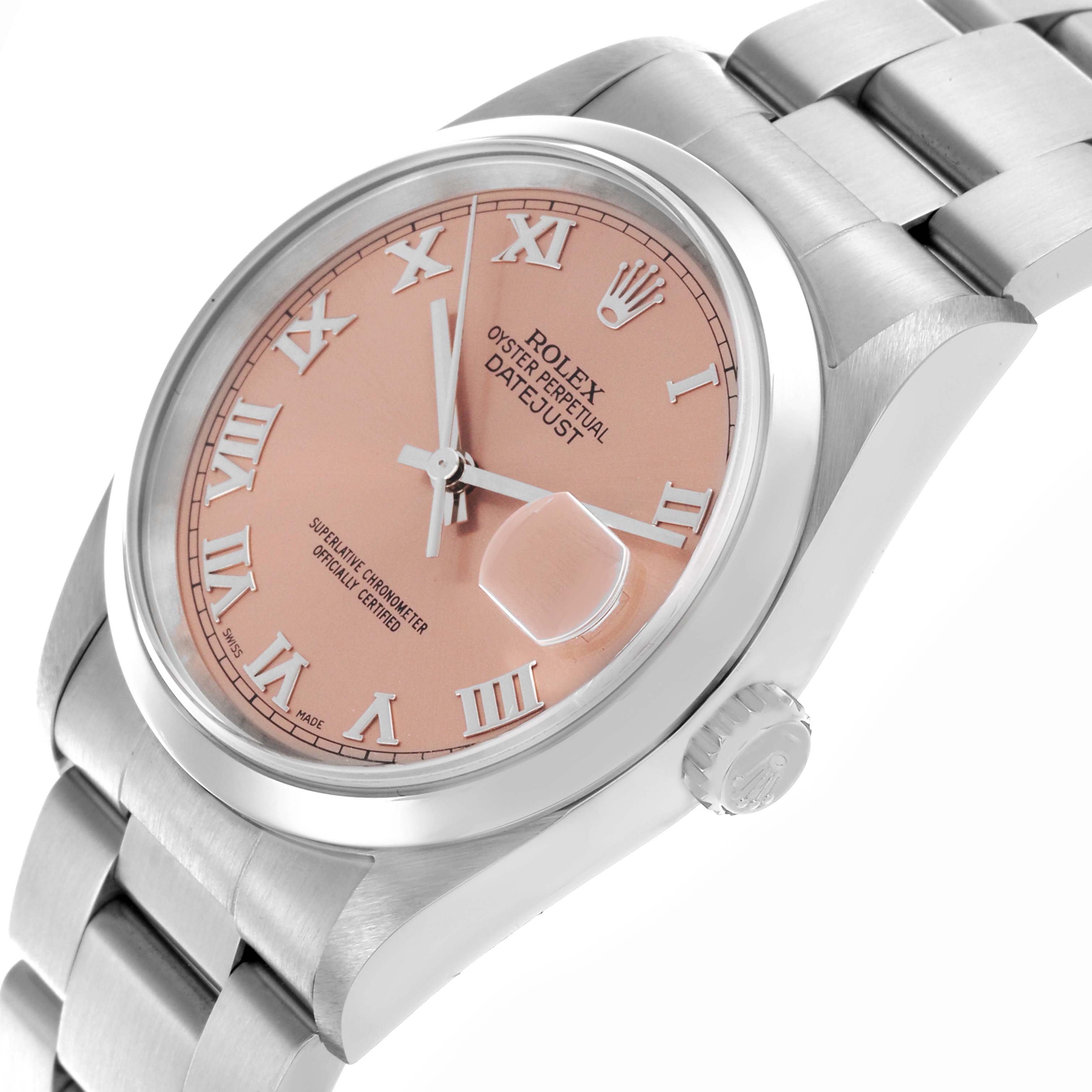 The Rolex Datejust 16200 Men's Stainless Steel Pink Dial 16200 Men's Stainless Steel Pink Dial is shown at an angled side view, detailing the pink dial, Roman numerals, and stainless steel bracelet.