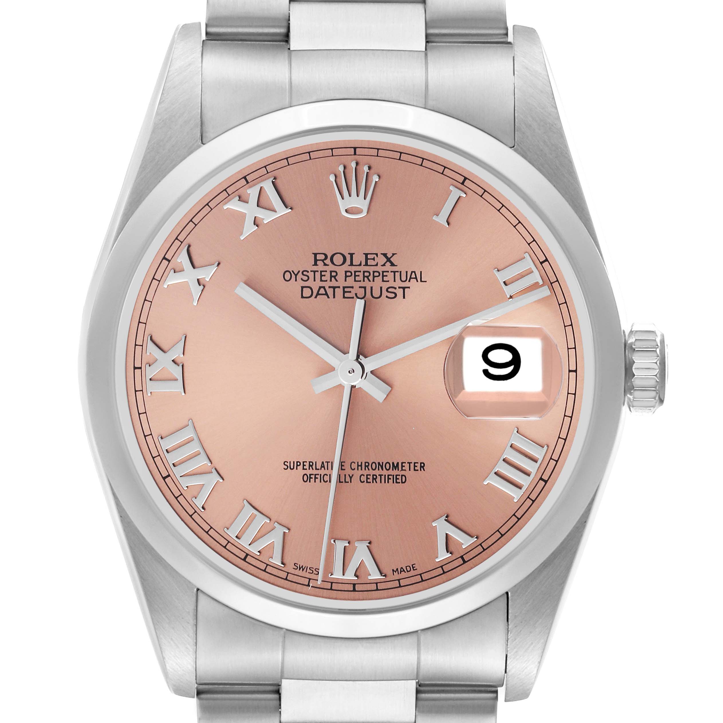 The image shows a front view of a Rolex Datejust 16200 Men's Stainless Steel Pink Dial 16200 Men's Stainless Steel Pink Dial watch, highlighting its pink dial and date window.