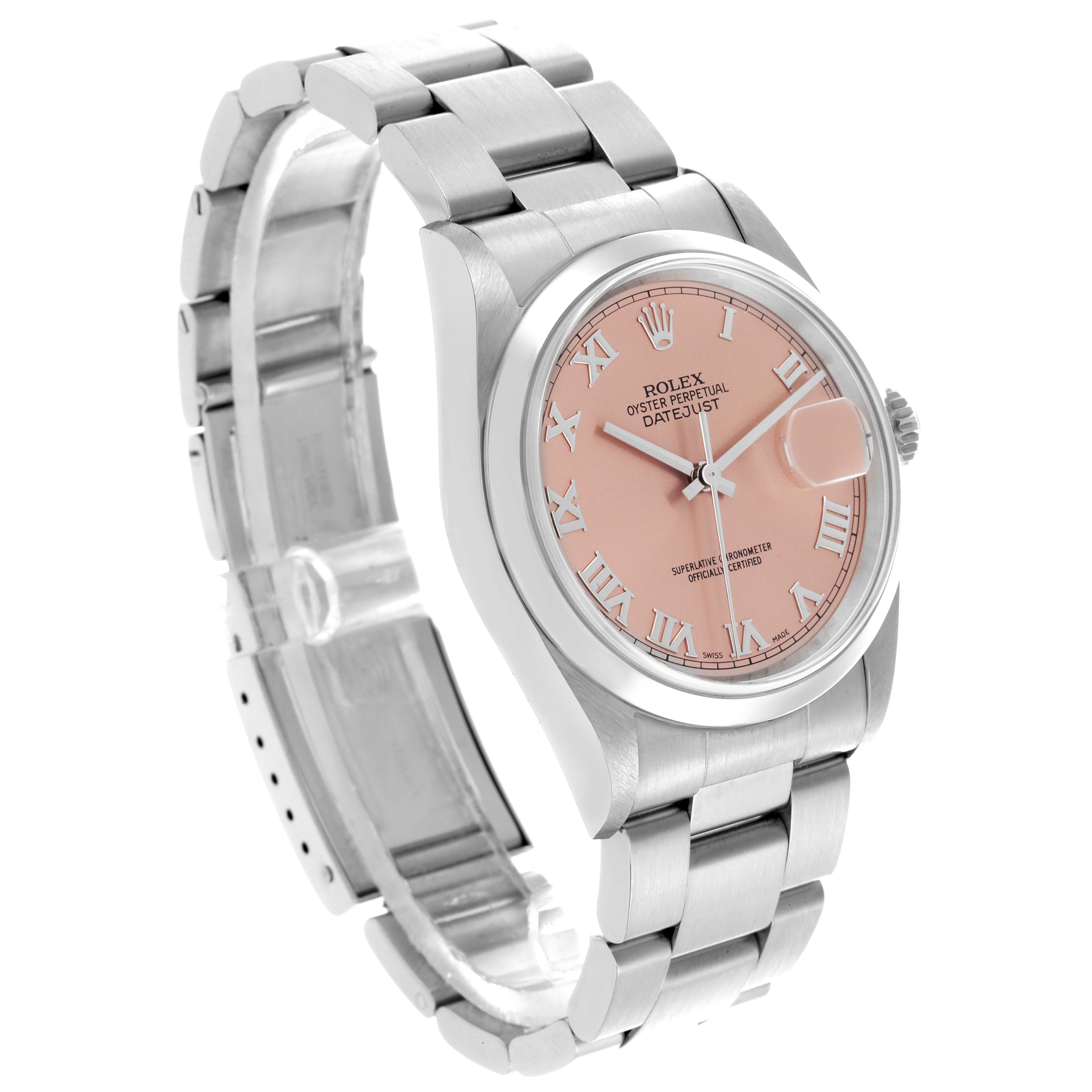 The Rolex Datejust 16200 Men's Stainless Steel Pink Dial 16200 Men's Stainless Steel Pink Dial watch is shown from an angled perspective, highlighting the face, bezel, and bracelet.