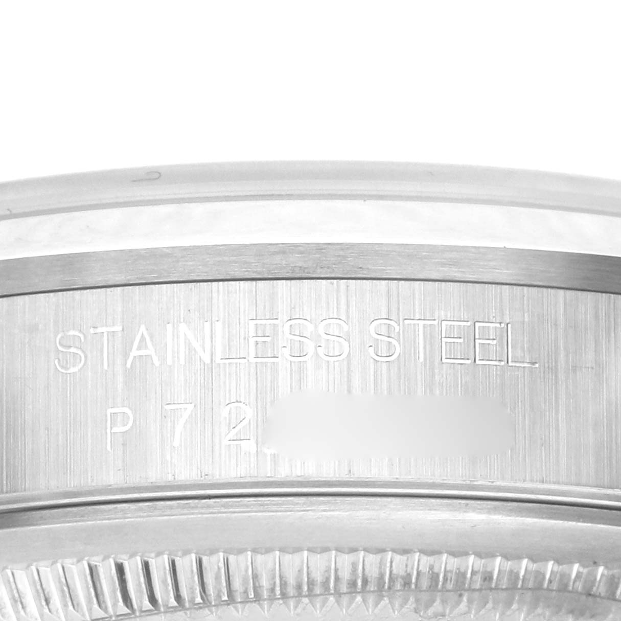 The image shows a close-up of the side of a Rolex Datejust 16200 Men's Stainless Steel Pink Dial 16200 Men's Stainless Steel Pink Dial watch case, highlighting the stainless steel material.