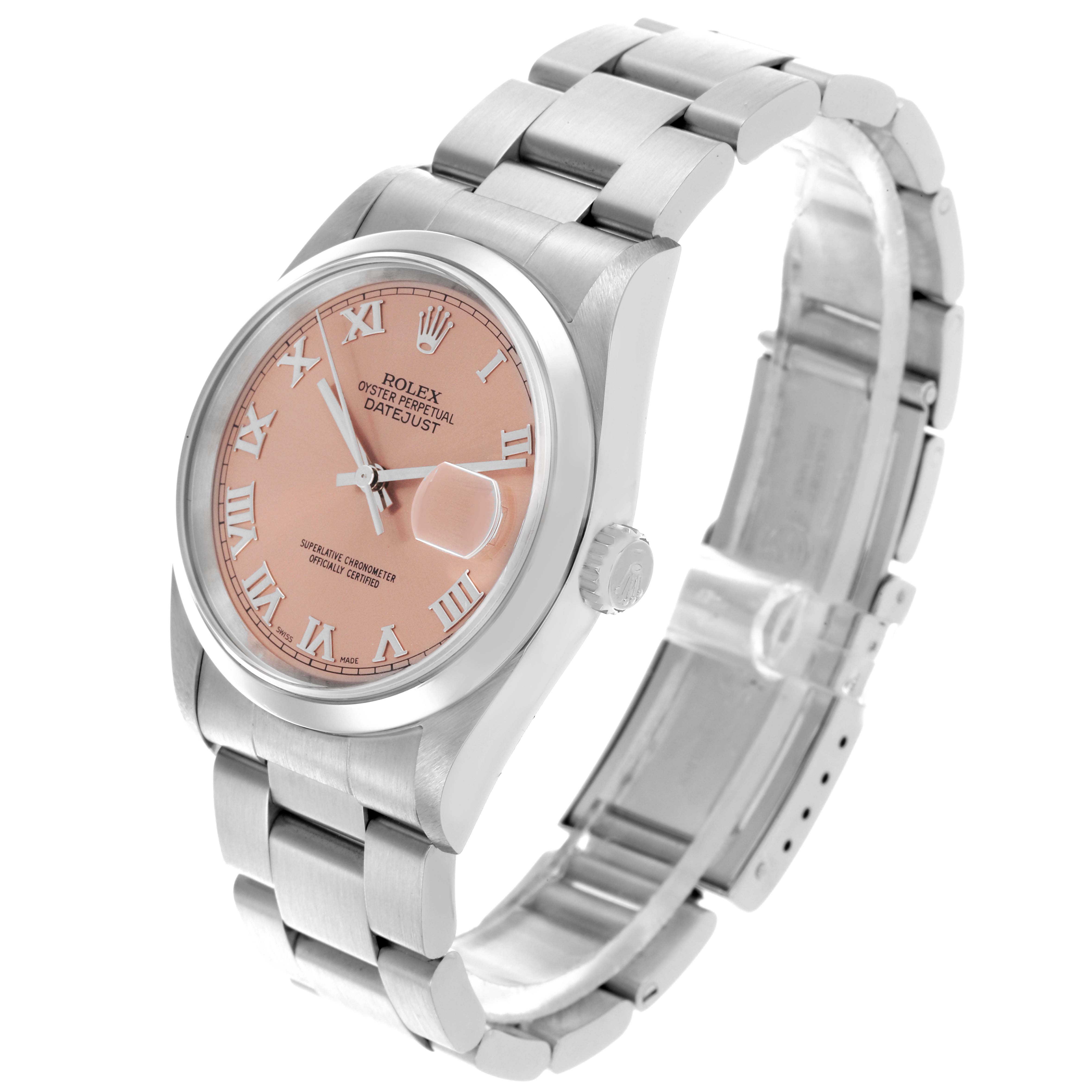 The Rolex Datejust 16200 Men's Stainless Steel Pink Dial 16200 Men's Stainless Steel Pink Dial watch is shown at a slight angle, displaying the dial, bezel, crown, and part of the bracelet.