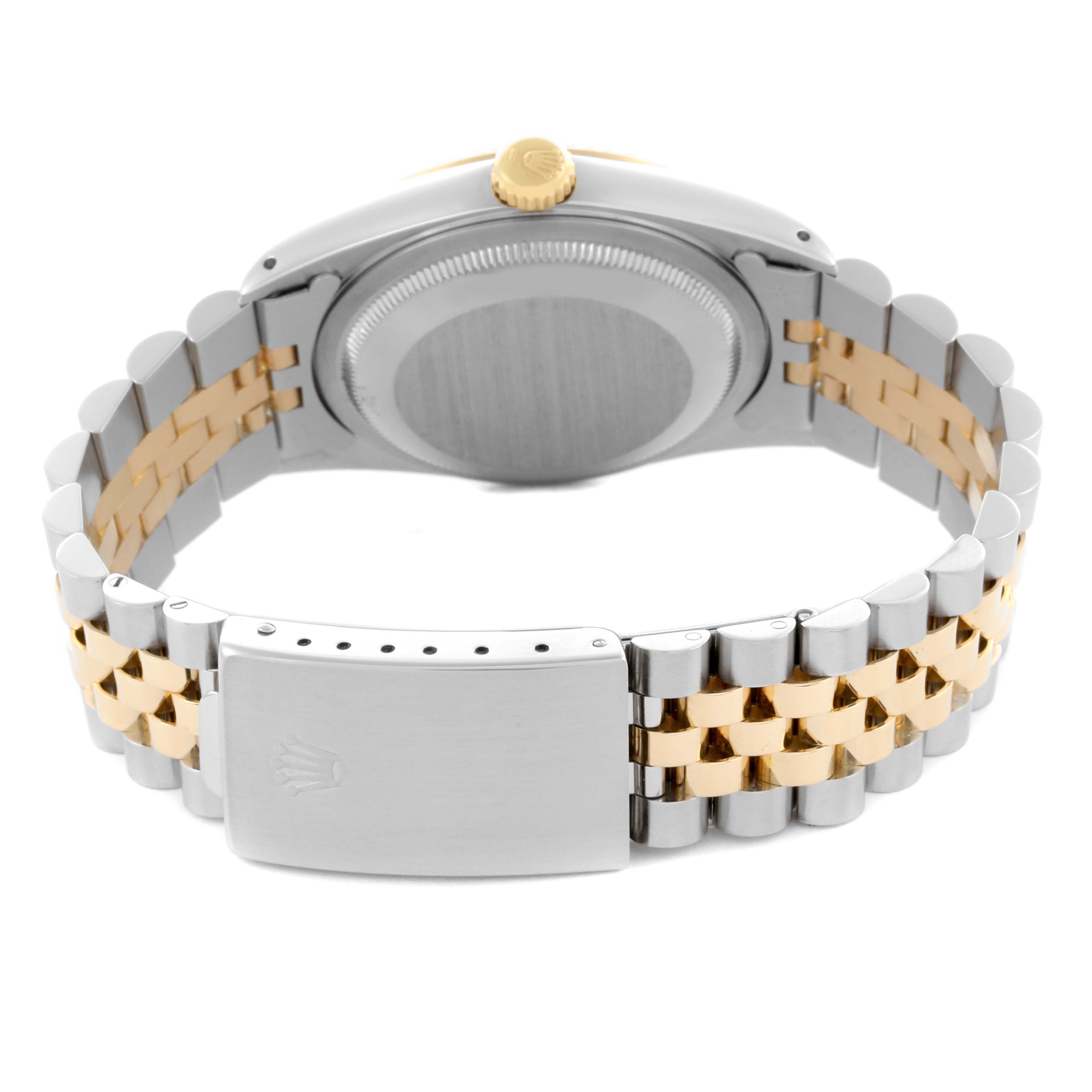 The Rolex Datejust 16233 Men's Steel and Gold (two tone) Champagne Dial 16233 Men's Steel and Gold (two tone) Champagne Dial watch is shown from the back, highlighting the clasp, bracelet, case back, and crown.