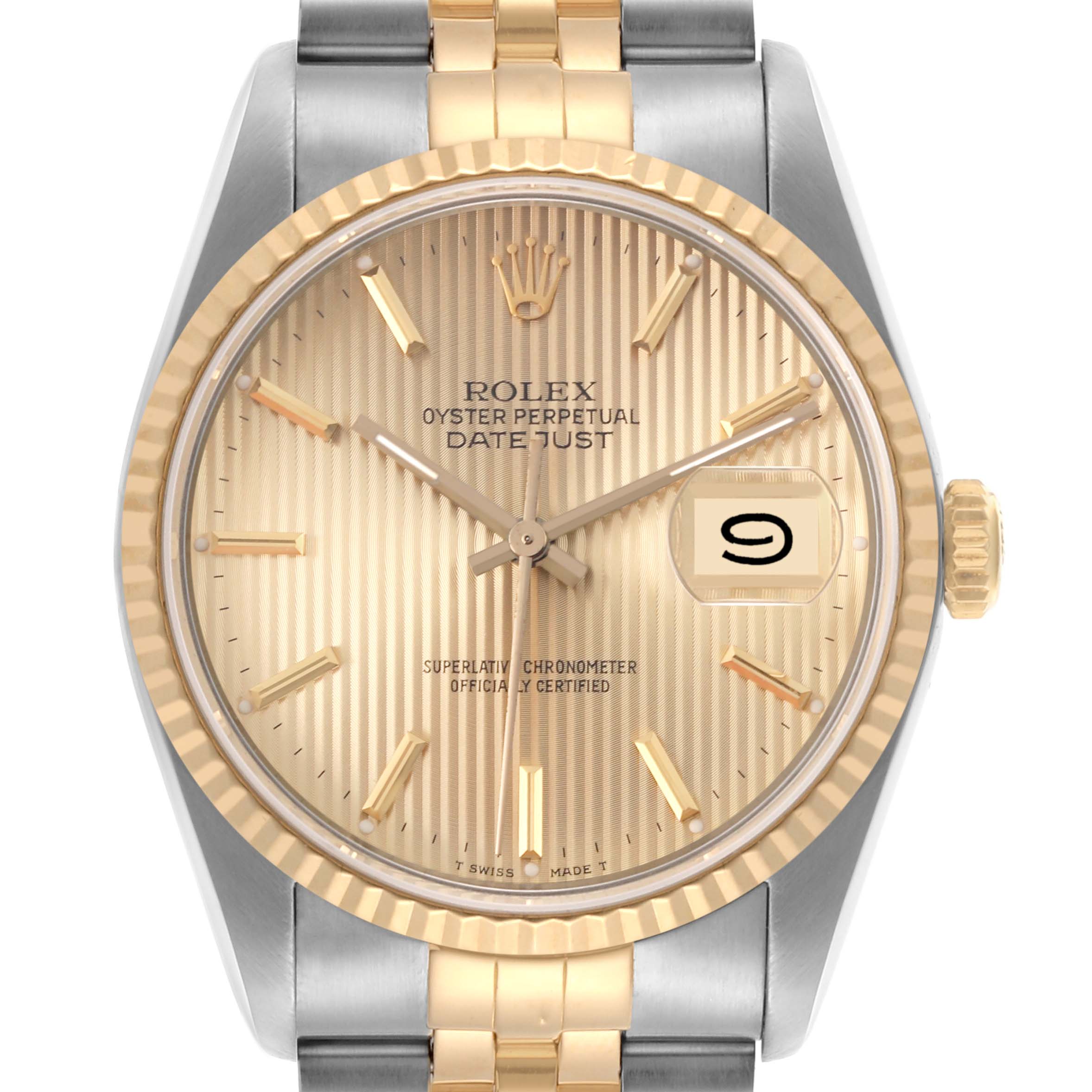 The Rolex Datejust 16233 Men's Steel and Gold (two tone) Champagne Dial 16233 Men's Steel and Gold (two tone) Champagne Dial watch is shown from the front, highlighting the dial, bezel, crown, and part of the bracelet.